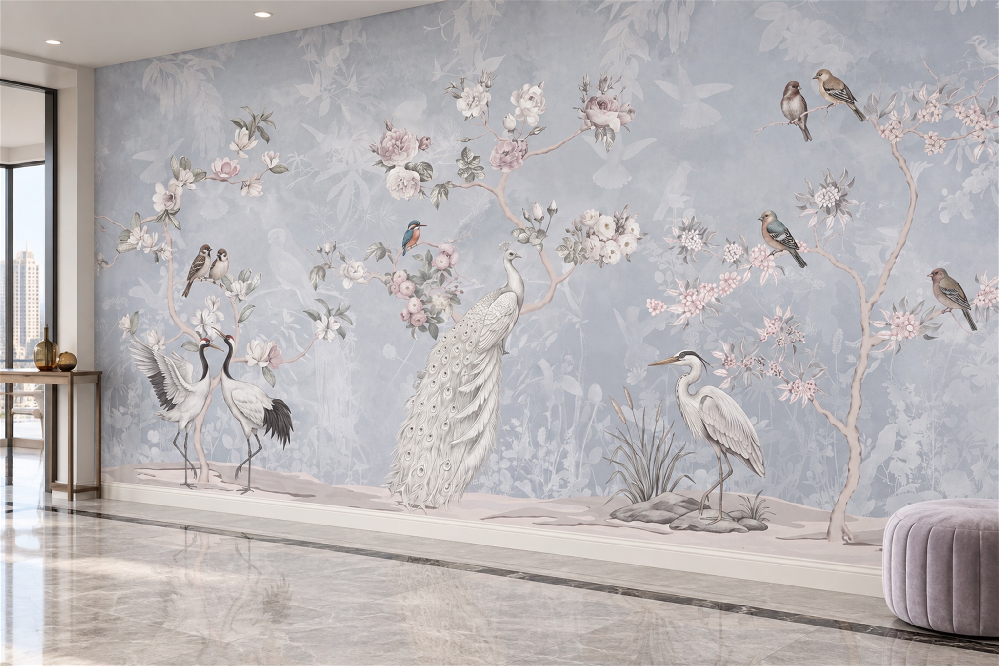 Grey Peacock Illustrated Wallpaper Mural Entryway-wallpaper-murals, Peel-and-stick Finish