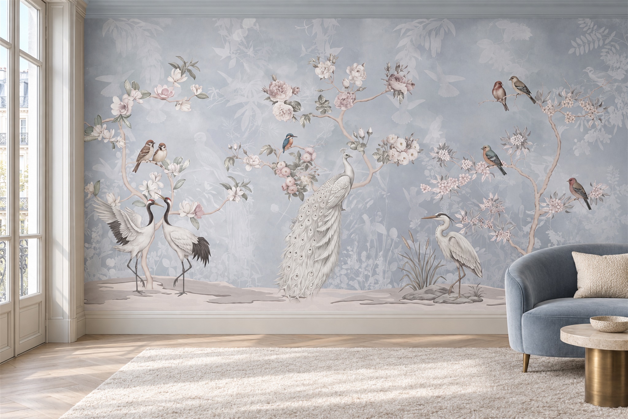 Grey Peacock Illustrated Wallpaper Mural Living-room-wallpaper-murals, Peel-and-stick Finish