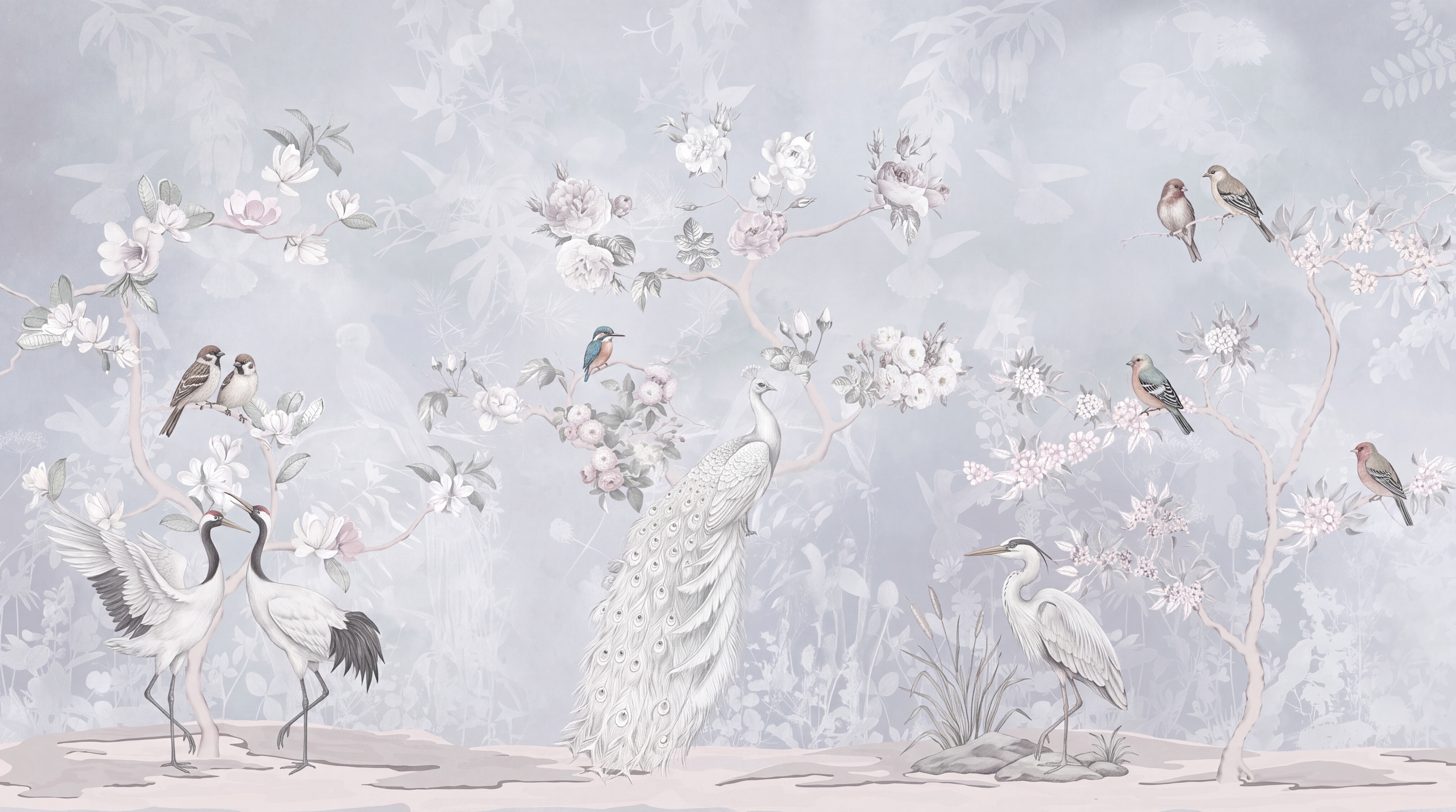 Grey Peacock Illustrated Wallpaper Mural Living-room-wallpaper-murals, Peel-and-stick Finish