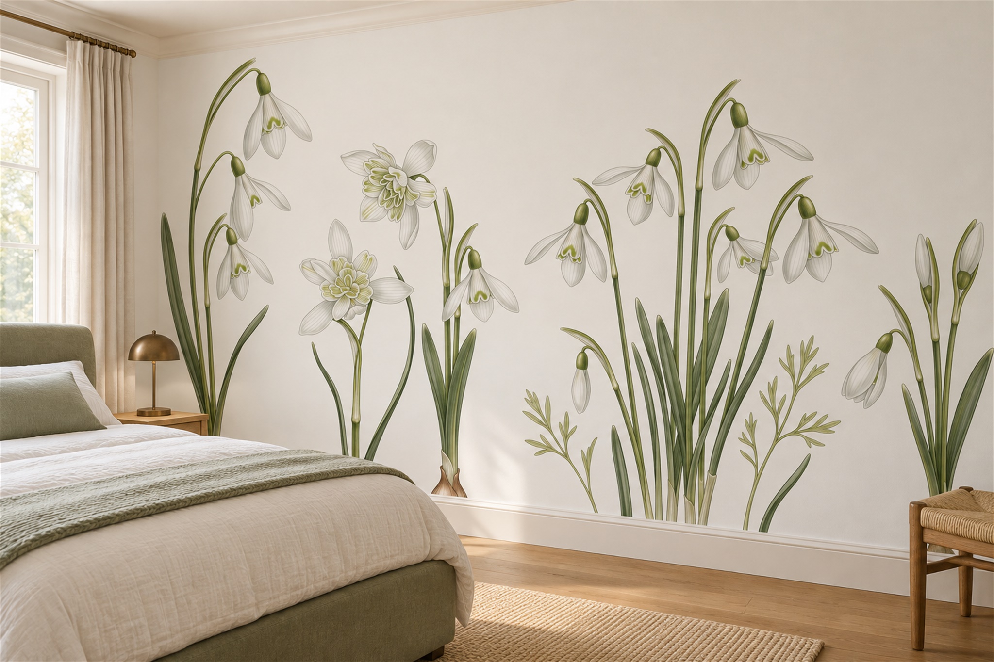 White Snowdrop Flowers And Green Leaves Wallpaper Mural — Installed Wallpaper Mural In A Bedroom, Peel-and-stick Finish