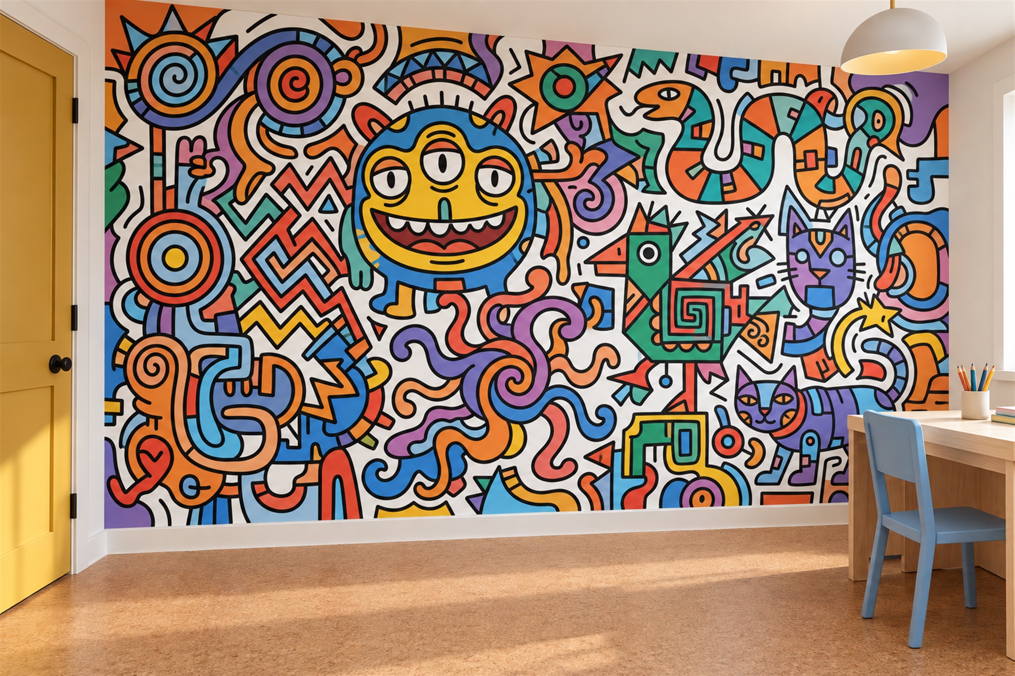 Orange Pattern Decorative Wallpaper Mural Home-office-wallpaper-murals, Shown In A Home Office, Peel-and-stick Finish