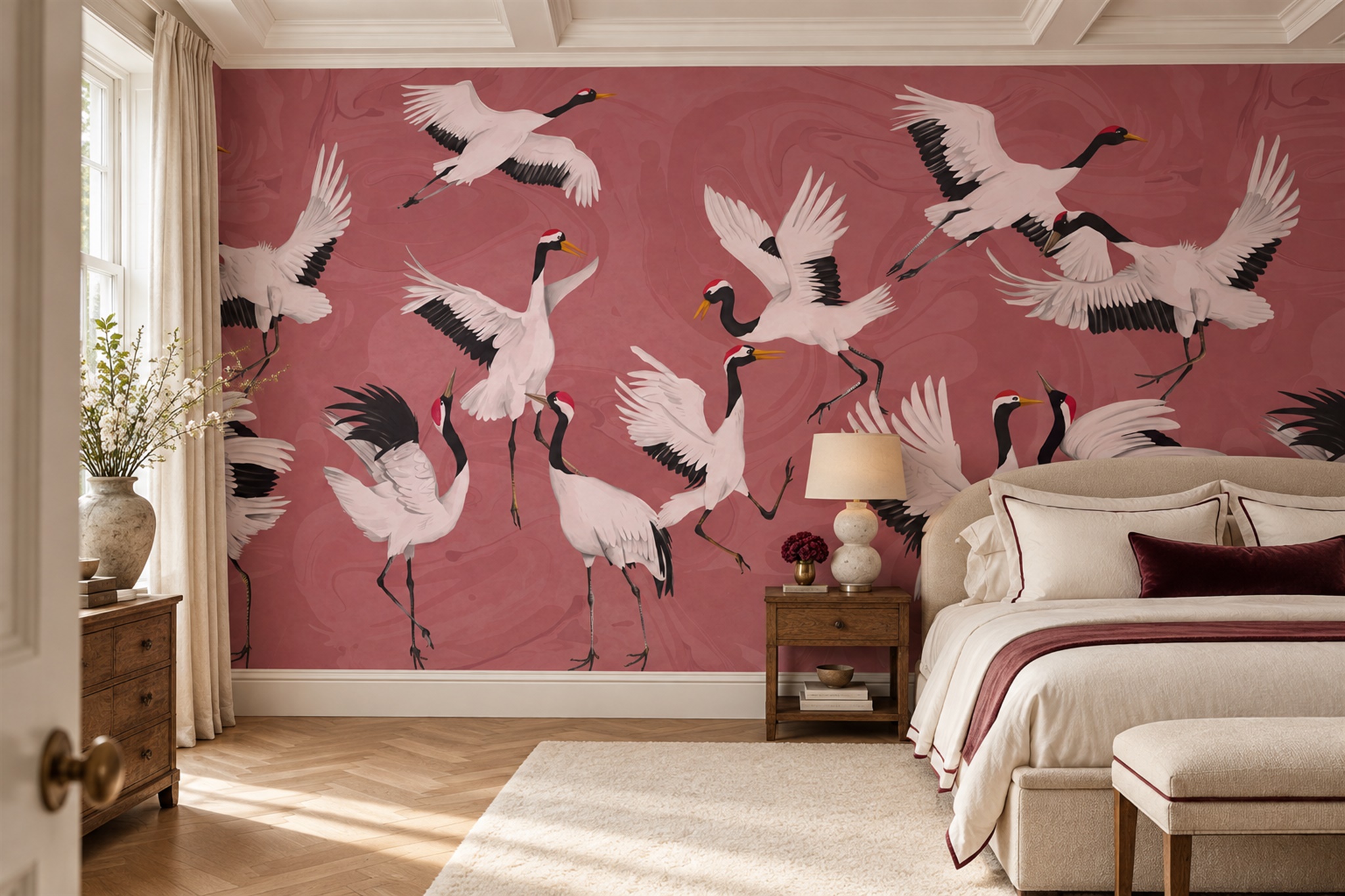 Pink Crane Illustrated Wallpaper Mural Bedroom-wallpaper-murals, Peel-and-stick Finish