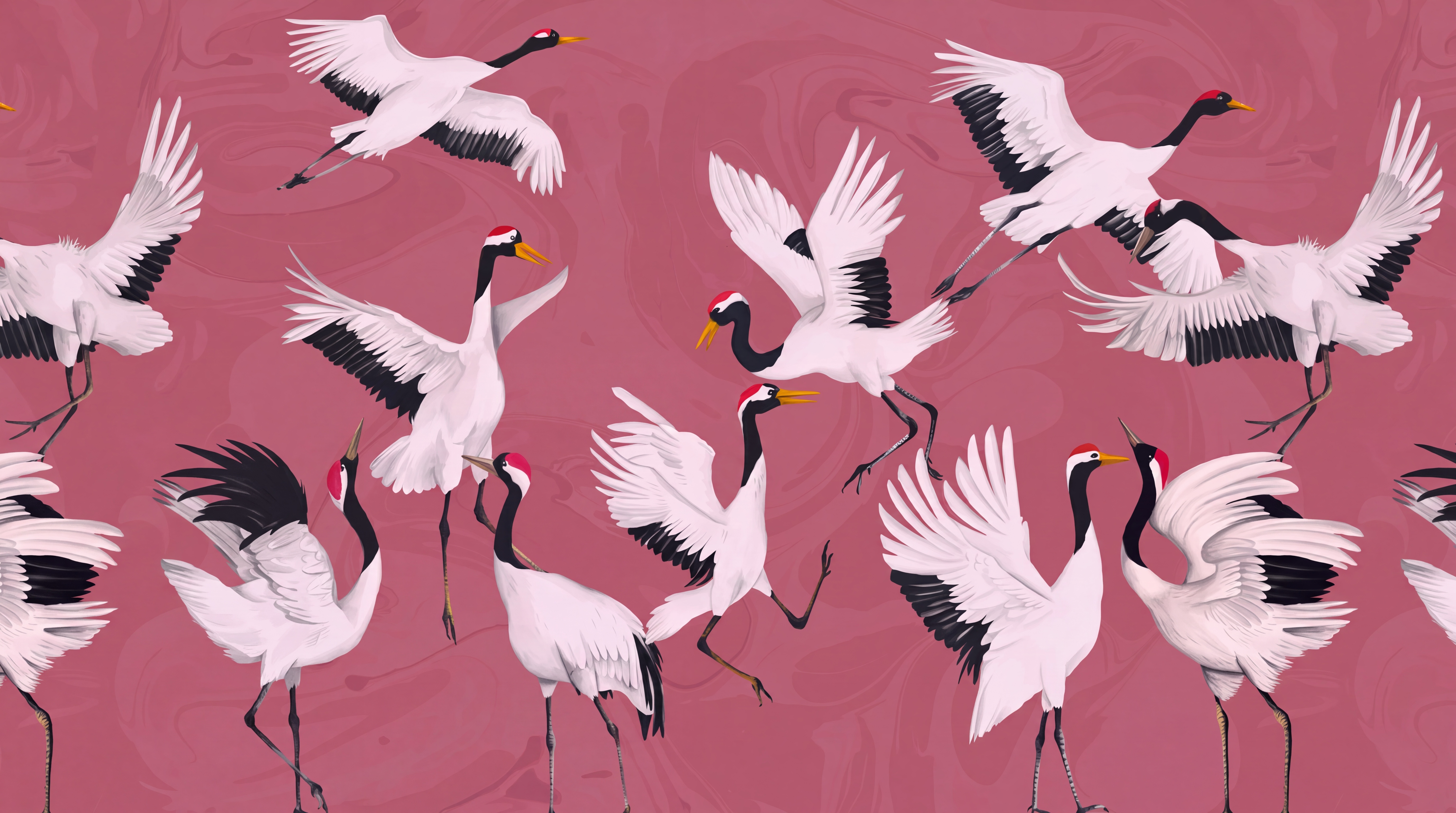 Pink Crane Illustrated Wallpaper Mural, Peel-and-stick Finish