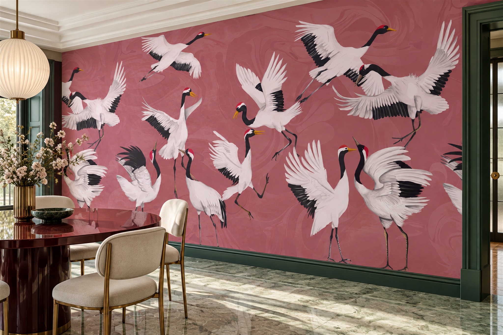 Pink Crane Illustrated Wallpaper Mural Dining-room-wallpaper-murals, Shown In A Dining Room, Peel-and-stick Finish