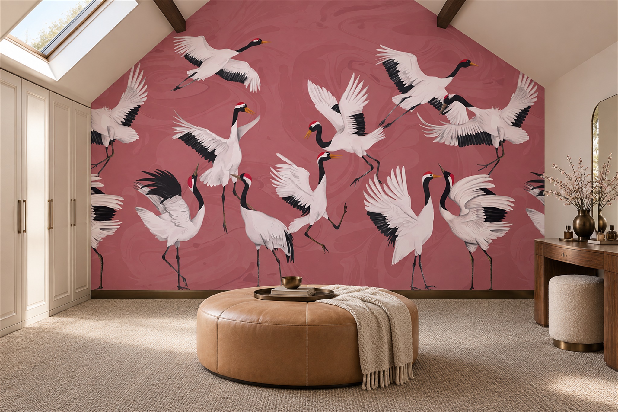 White Cranes On Dusty Rose Wallpaper Mural — Wallpaper Mural Design, Peel-and-stick Finish