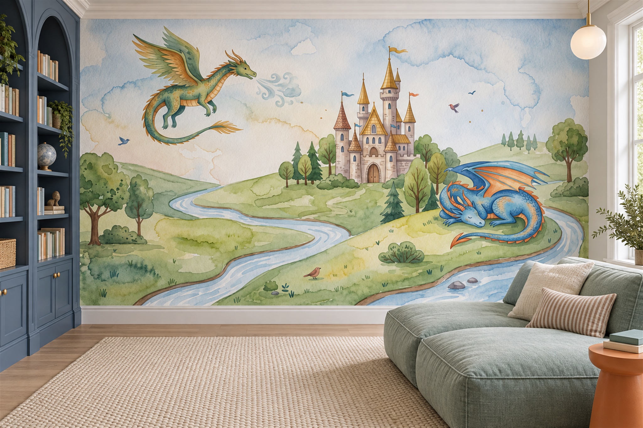 Watercolour Dragons And Castle Storybook Wallpaper Mural — Wallpaper Mural Design, Peel-and-stick Finish