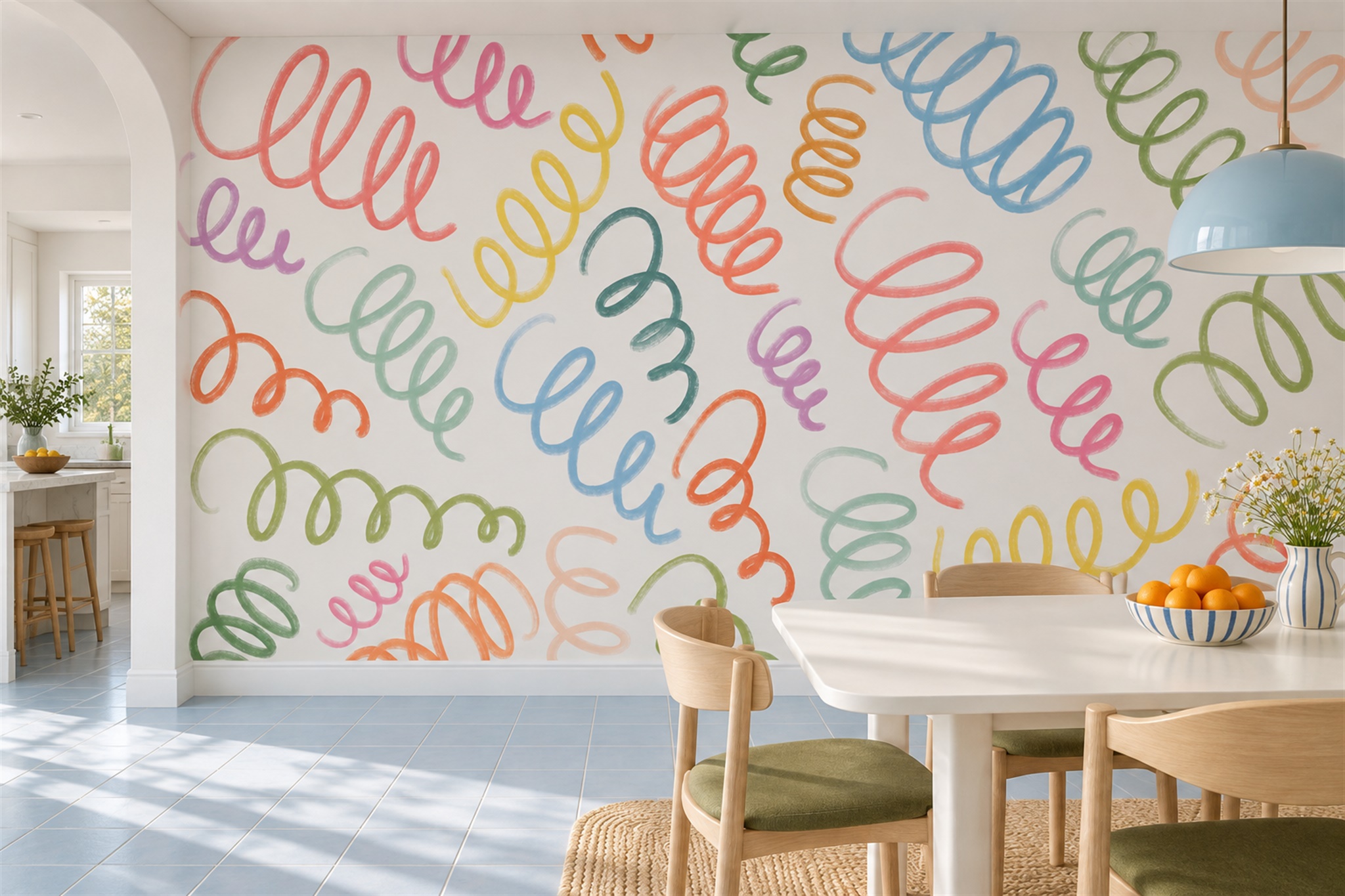 Pastel Pattern Decorative Wallpaper Mural Dining-room-wallpaper-murals, Shown In A Dining Room, Peel-and-stick Finish