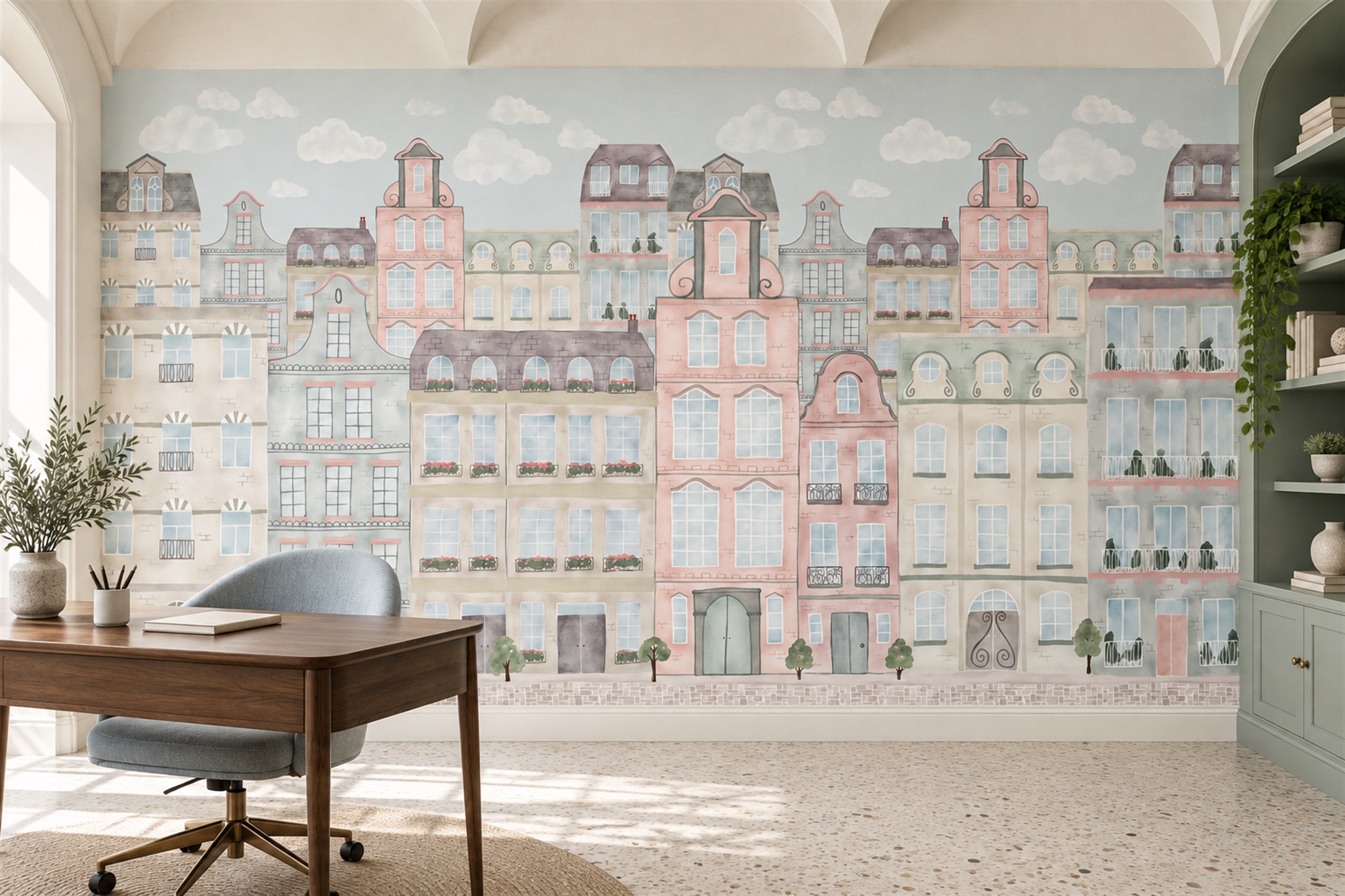 Pastel Storybook Townhouse Street Wallpaper Mural — Wallpaper Mural Design, Peel-and-stick Finish