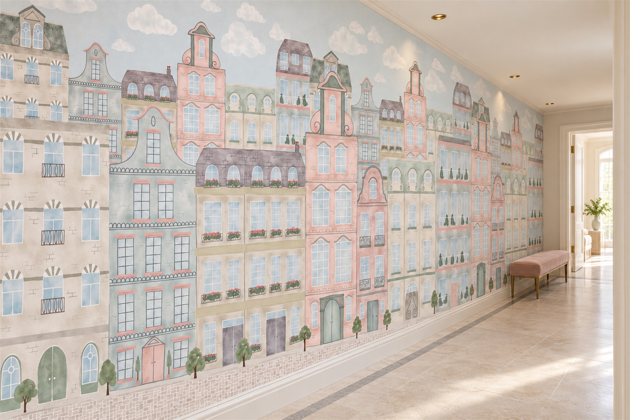 Pastel Cityscape Wallpaper Mural, Peel-and-stick Finish