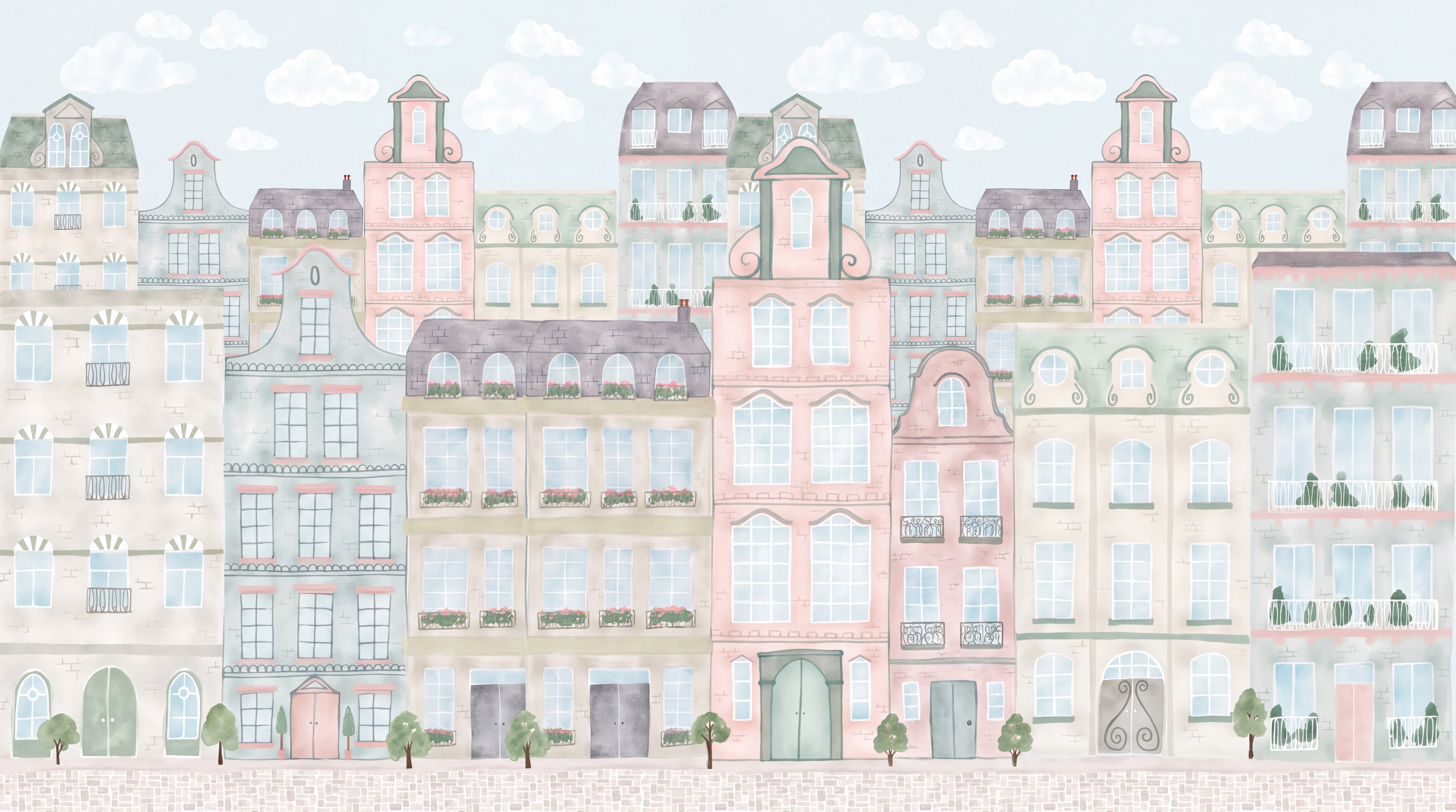 Pastel Cityscape Wallpaper Mural, Peel-and-stick Finish