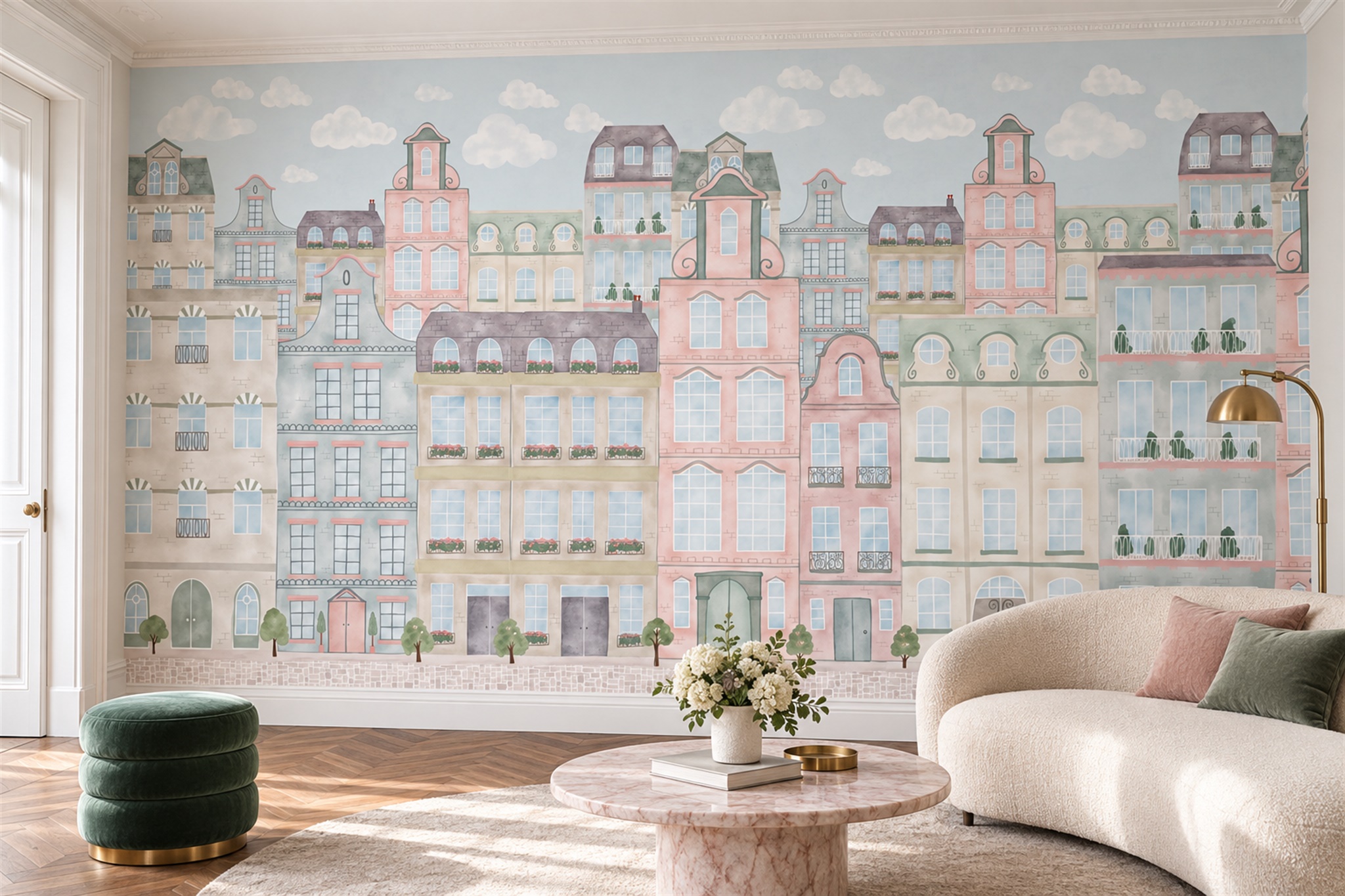 Pastel Cityscape Wallpaper Mural, Peel-and-stick Finish