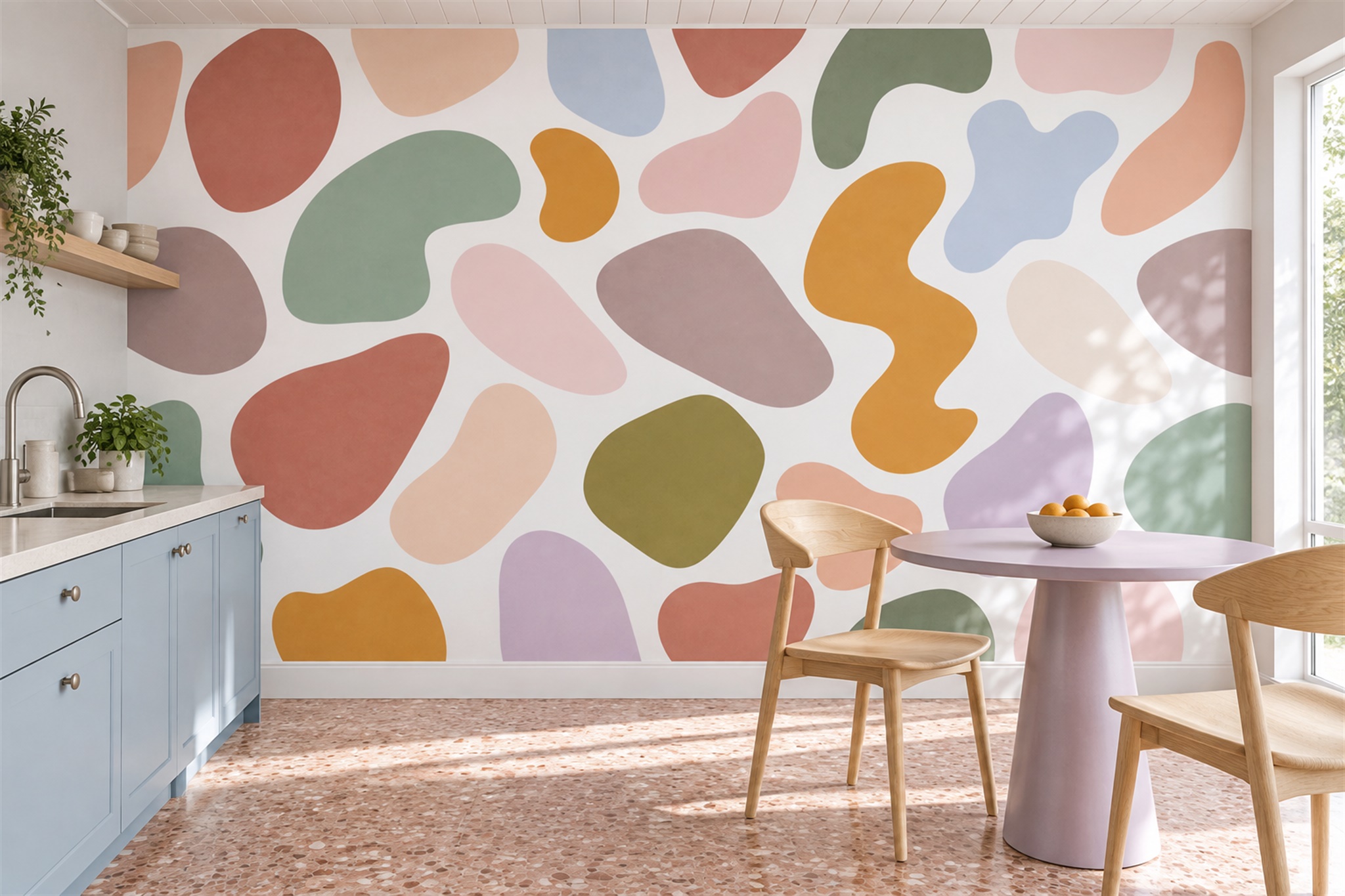 Pastel Shaped Abstract Wallpaper Mural Dining-room-wallpaper-murals, Shown In A Dining Room, Peel-and-stick Finish