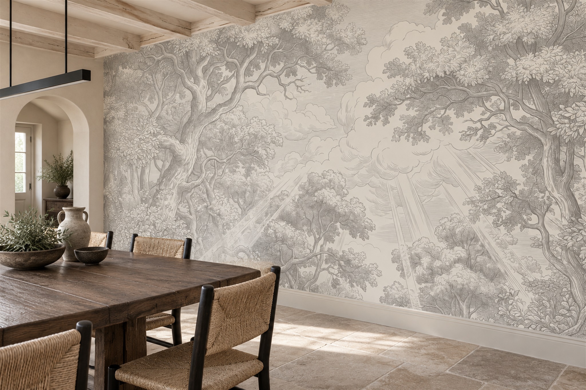 Grey Forest Scenic Textured Wallpaper Mural Dining-room-wallpaper-murals, Shown In A Dining Room, Peel-and-stick Finish