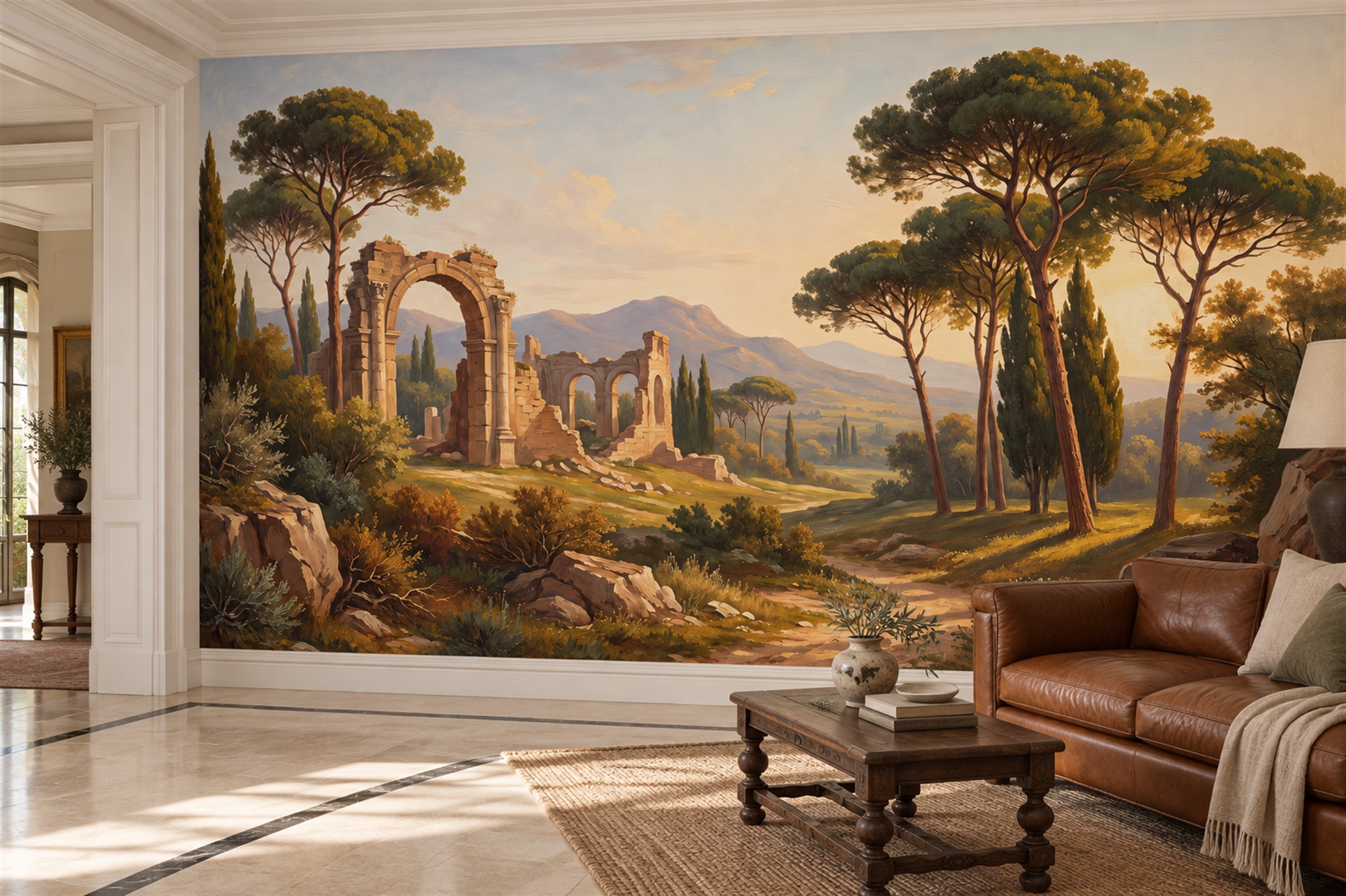 Golden Hour Roman Ruins And Cypress Landscape Wallpaper Mural — Wallpaper Mural Design, Peel-and-stick Finish
