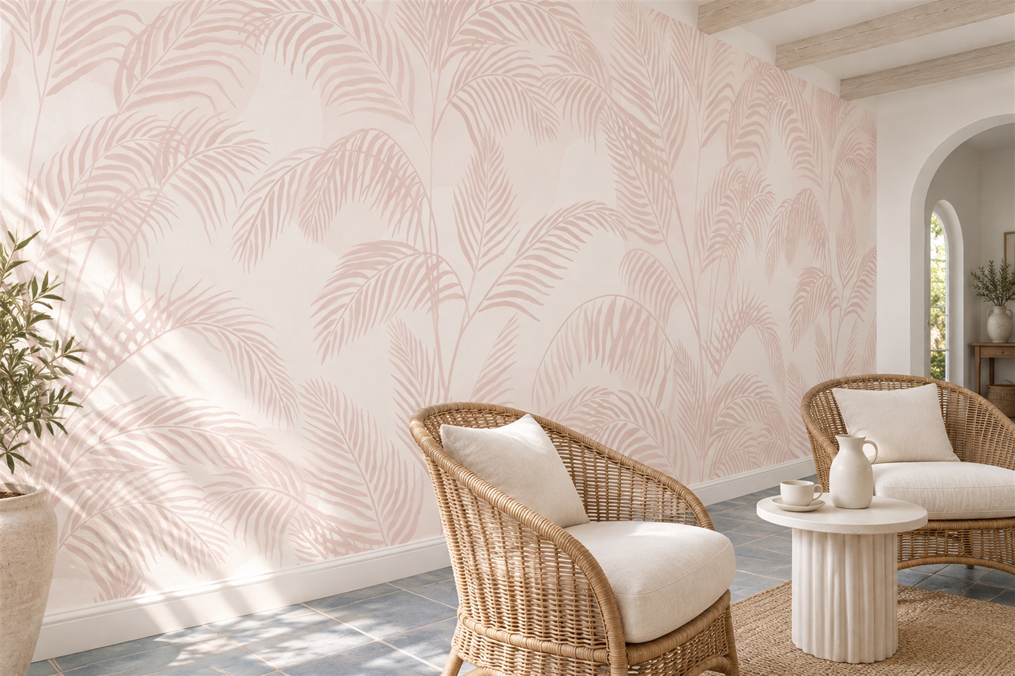 Pale Blush Palm Frond Wallpaper Mural — Wallpaper Mural Design, Peel-and-stick Finish