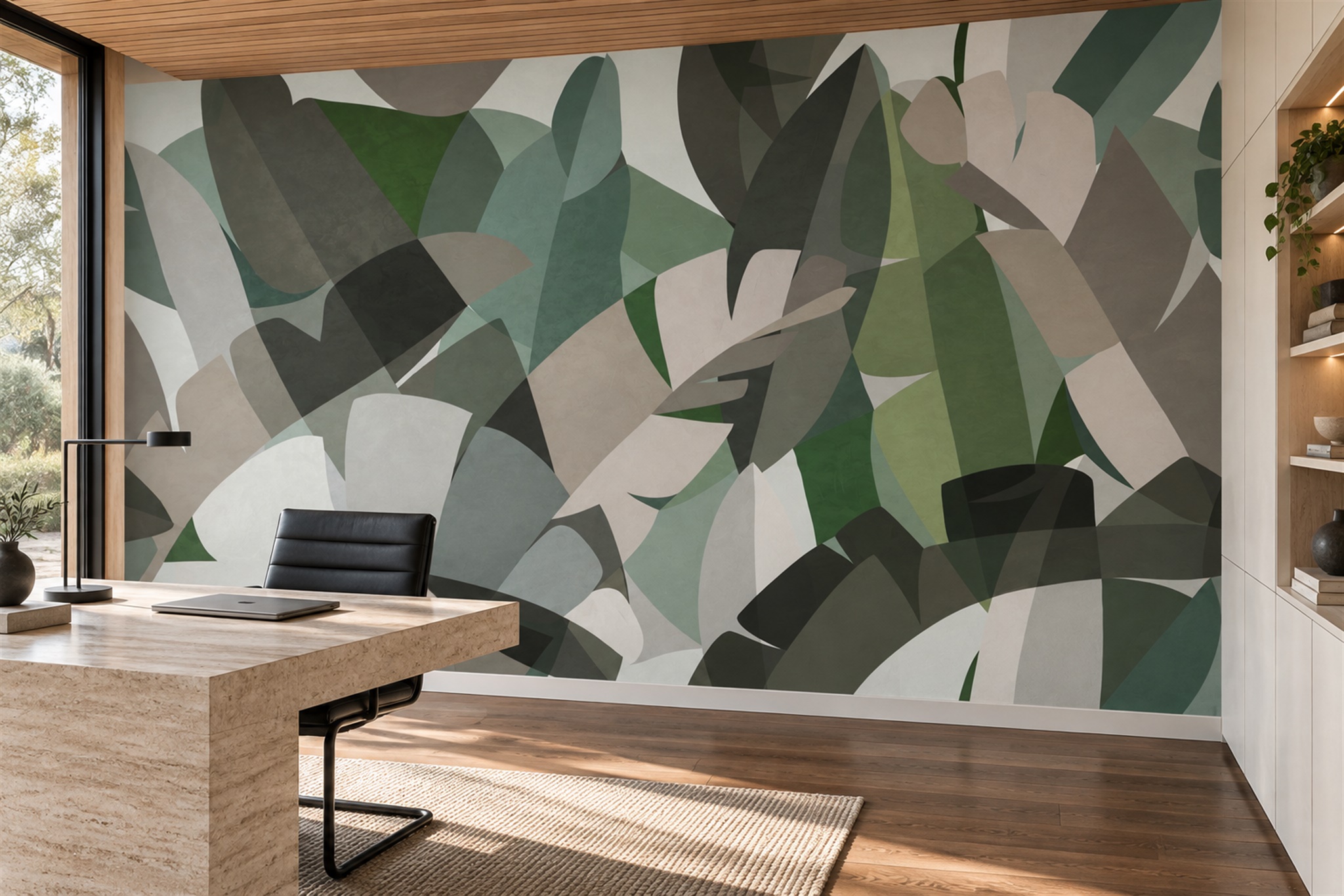 Layered Green And Grey Angular Leaf Abstract Wallpaper Mural — Wallpaper Mural Design, Peel-and-stick Finish