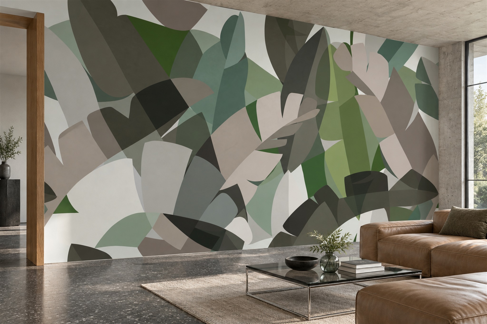 Green Leaf Botanical Painterly Wallpaper Mural Accent-wall-wallpaper-murals, Peel-and-stick Finish