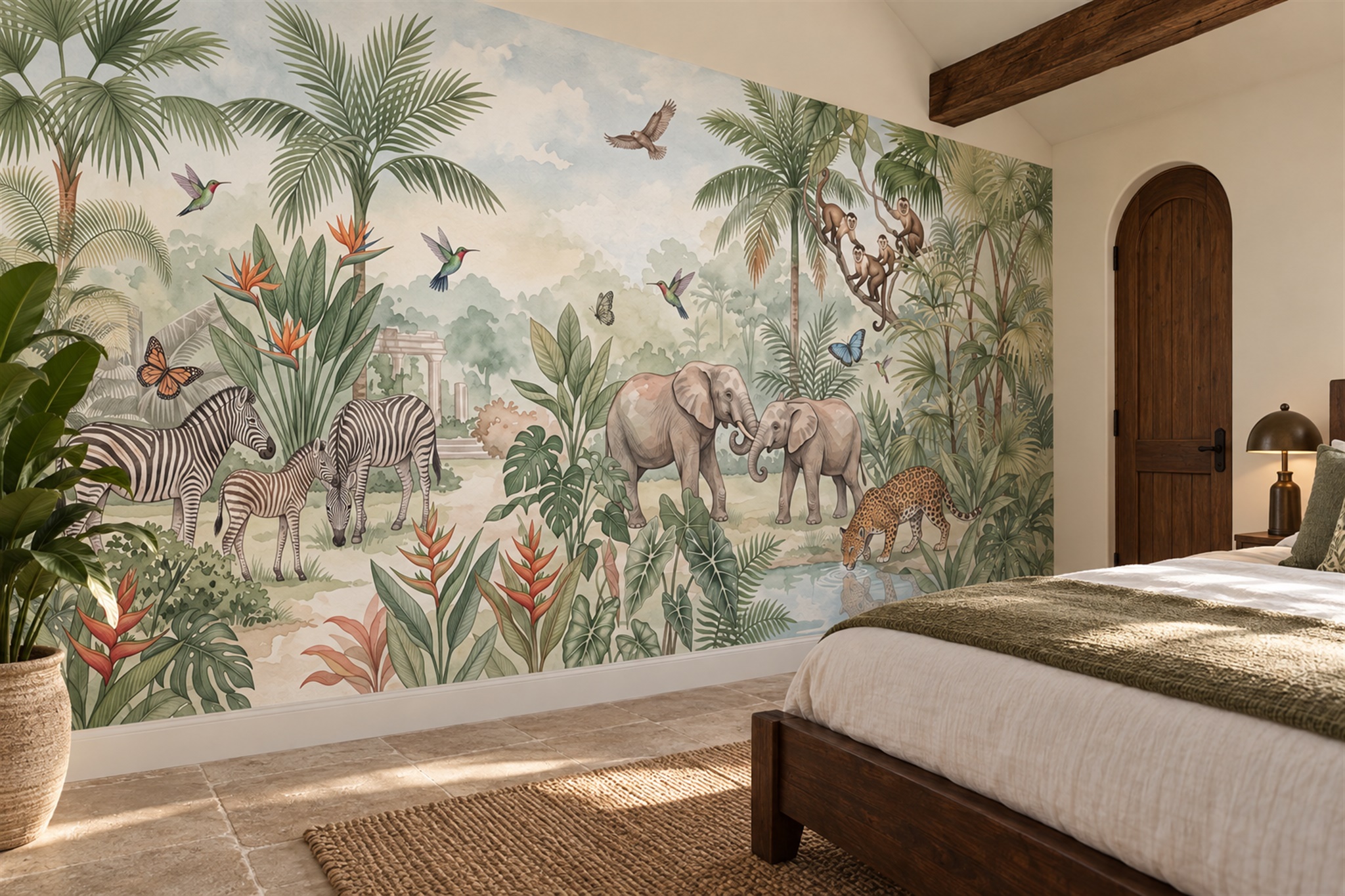 Green Toile Artful Decorative Wallpaper Mural Bedroom-wallpaper-murals, Peel-and-stick Finish