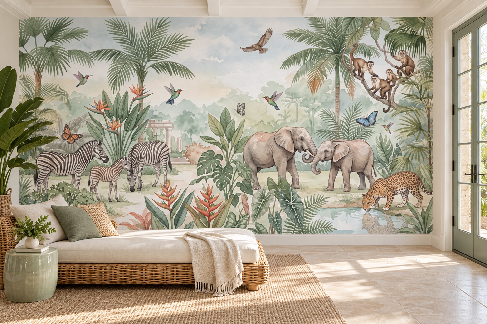Green Toile Artful Decorative Wallpaper Mural Accent-wall-wallpaper-murals, Peel-and-stick Finish