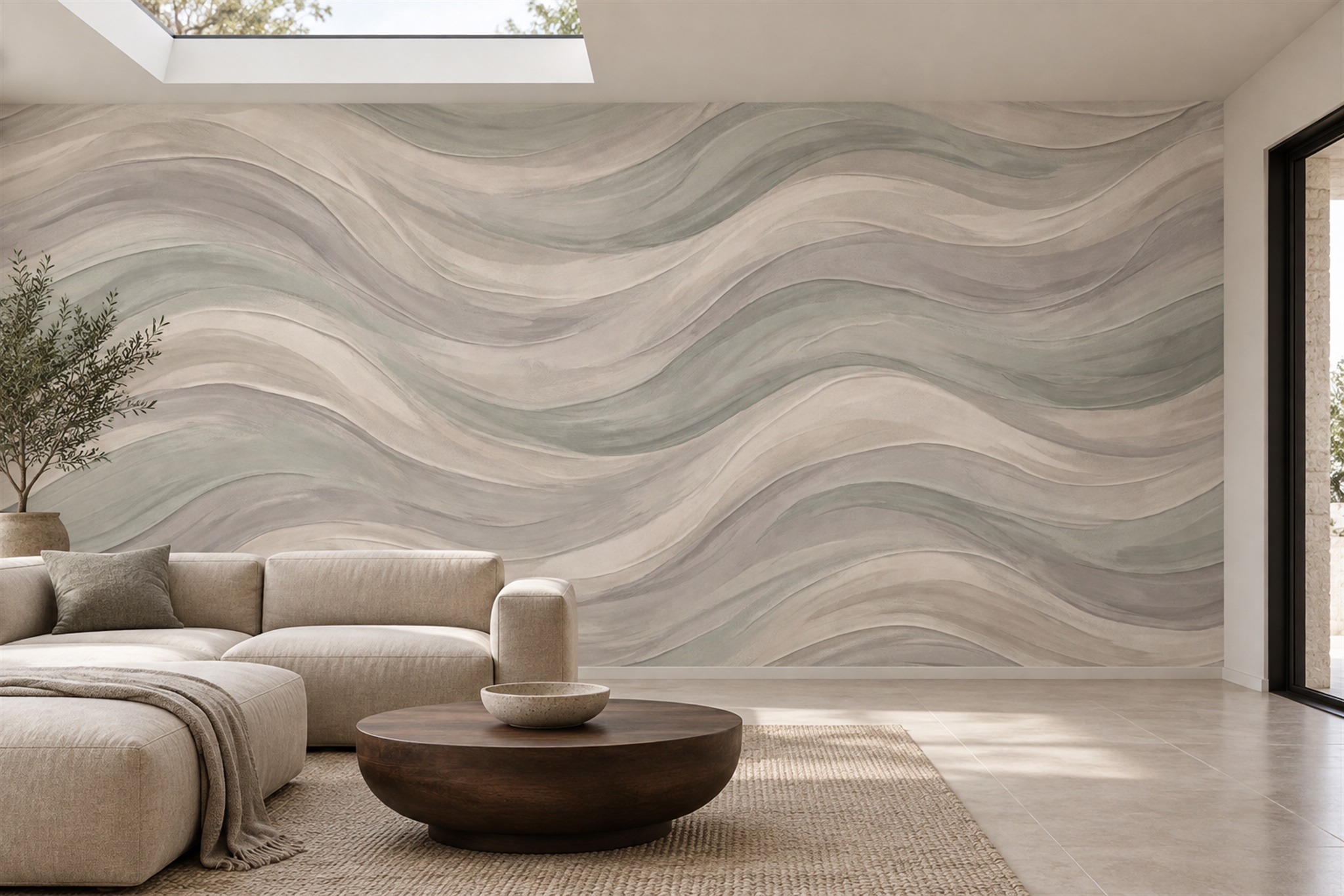 Beige Waves Artful Wallpaper Mural Accent-wall-wallpaper-murals, Peel-and-stick Finish