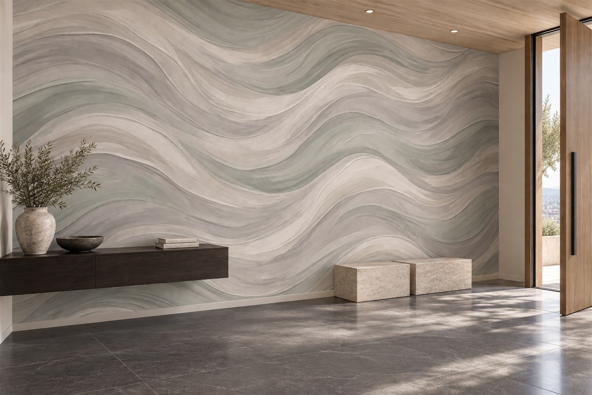 Beige Waves Artful Wallpaper Mural Bedroom-wallpaper-murals, Peel-and-stick Finish