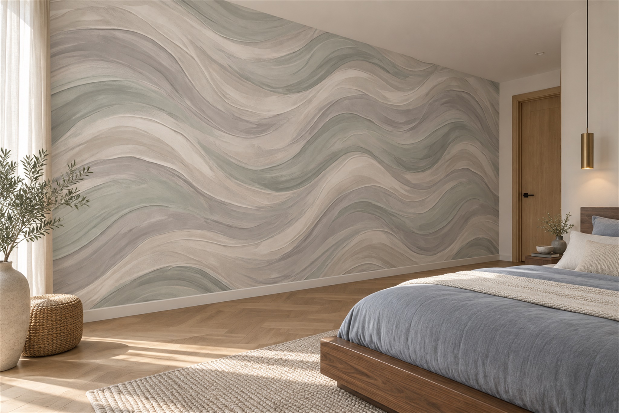 Beige Waves Artful Wallpaper Mural Bedroom-wallpaper-murals, Peel-and-stick Finish