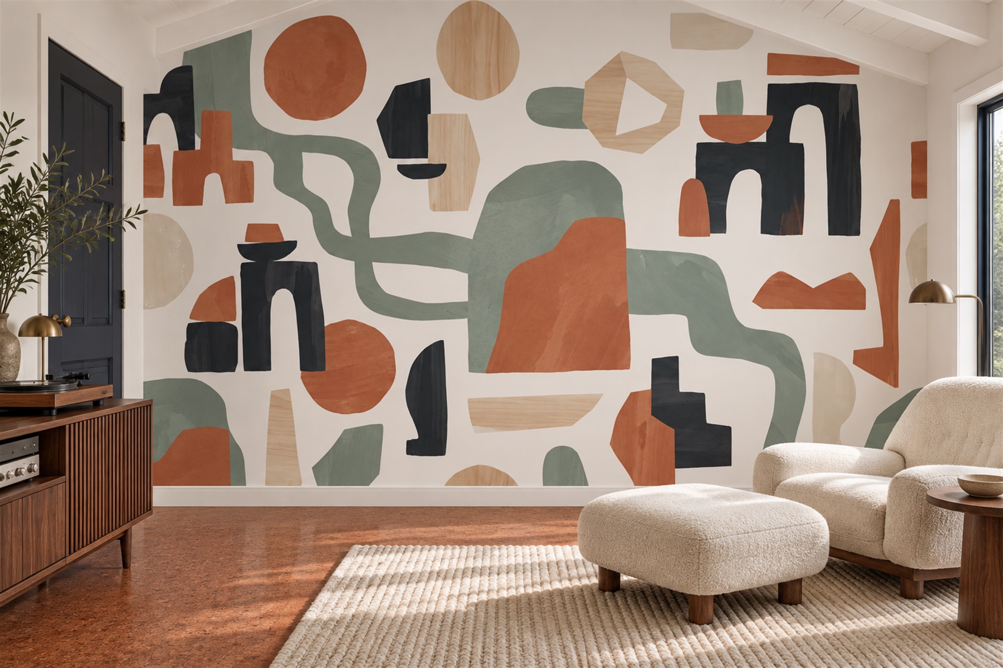 Rust Sage And Charcoal Organic Geometric Wallpaper Mural — Wallpaper Mural Design, Peel-and-stick Finish