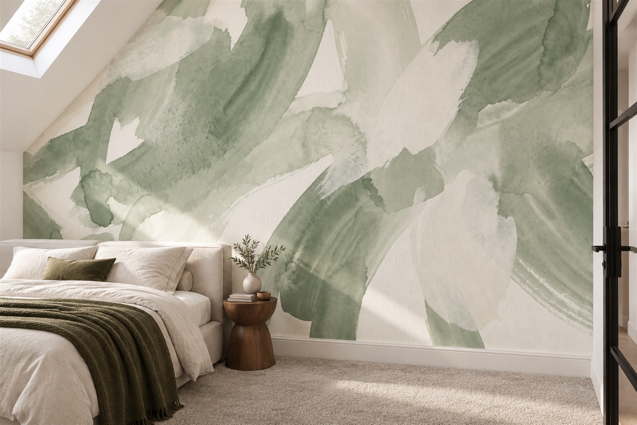 Sage Pattern Decorative Wallpaper Mural Layered Illustrated Wallpaper Bedroom-wallpaper-murals, Peel-and-stick Finish