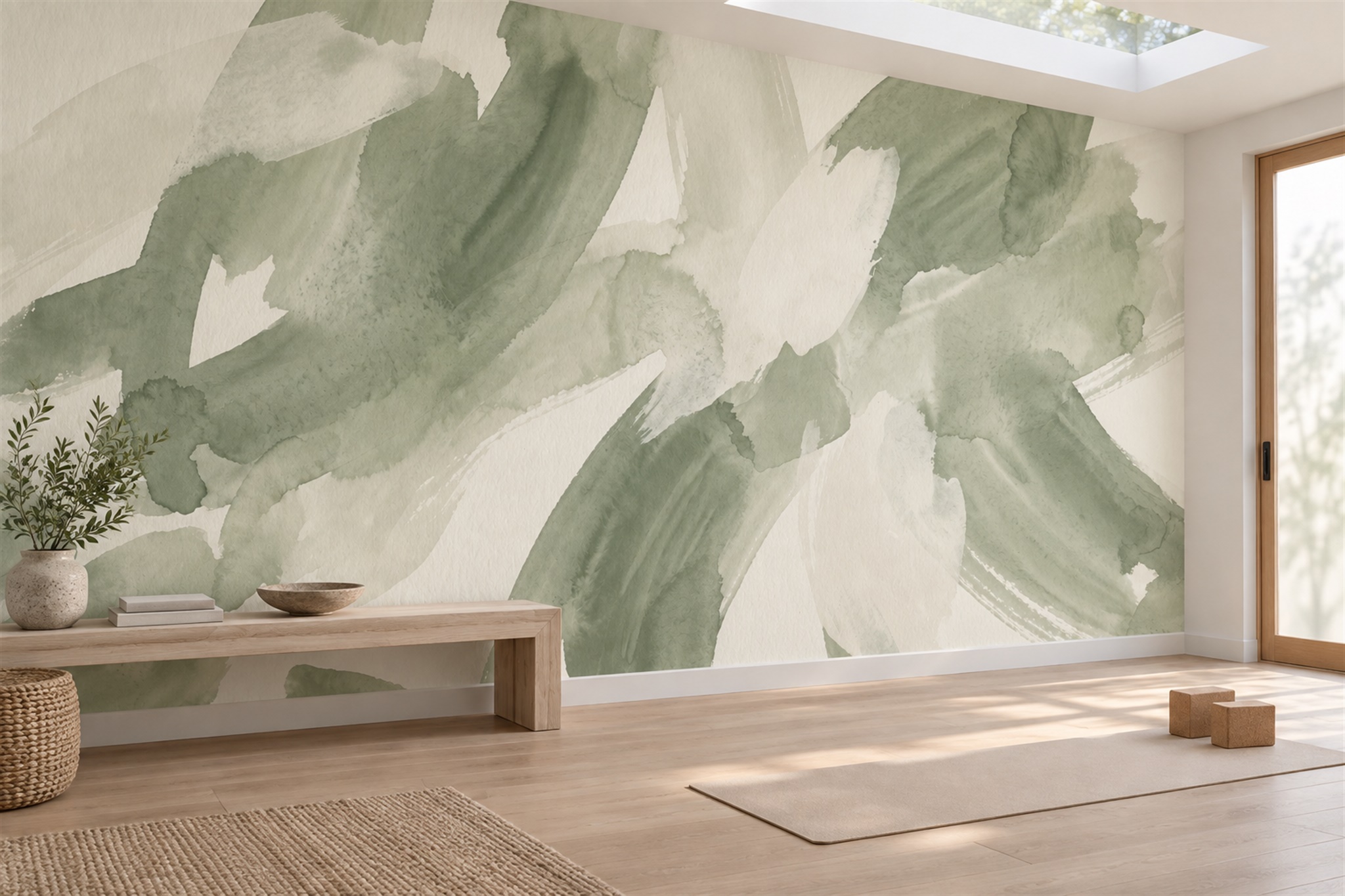 Sage Pattern Decorative Wallpaper Mural Layered Illustrated Wallpaper Accent-wall-wallpaper-murals, Peel-and-stick Finish