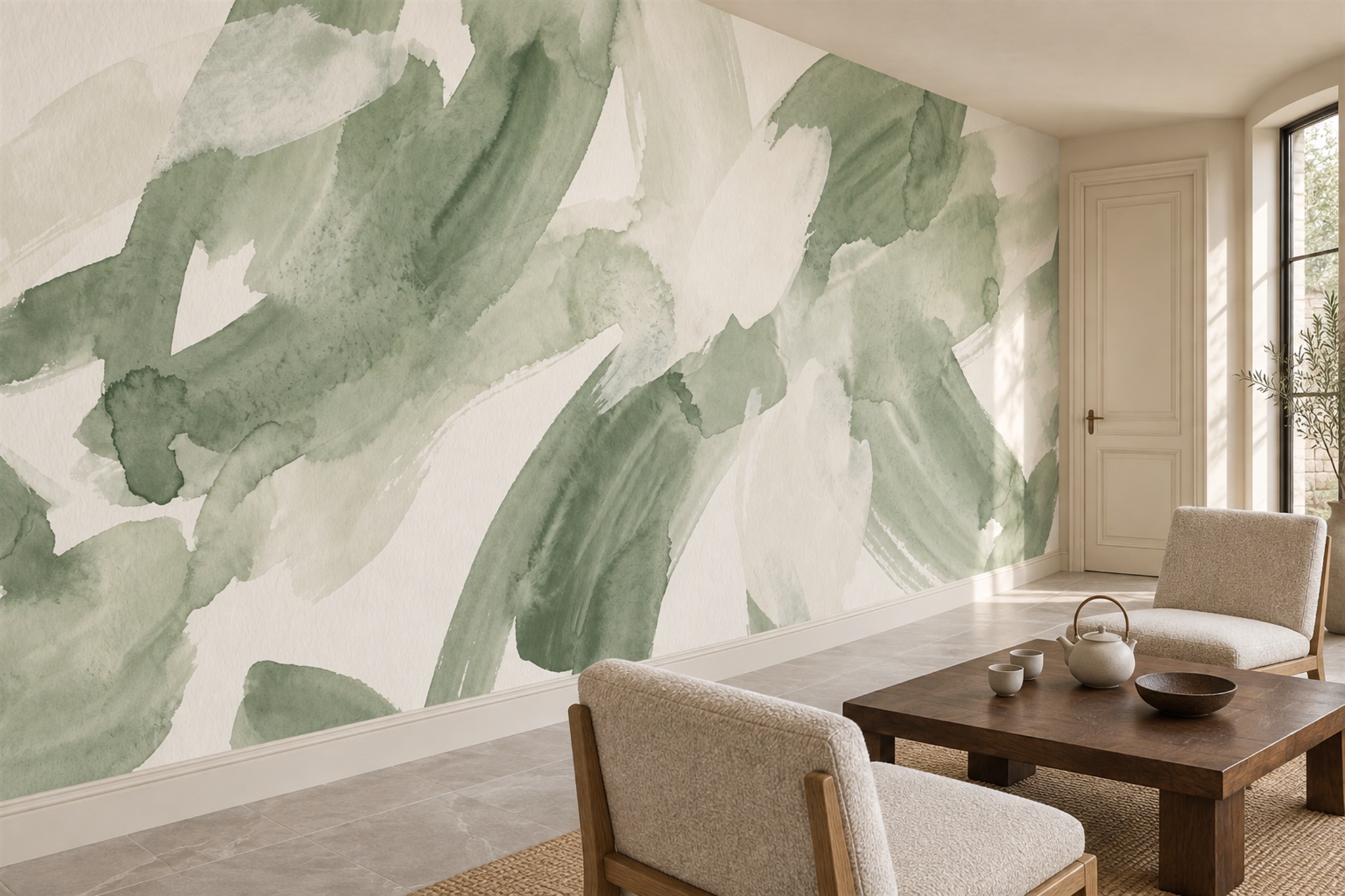 Sage Pattern Decorative Wallpaper Mural Layered Illustrated Wallpaper Feature-wall-wallpaper-murals, Peel-and-stick Finish