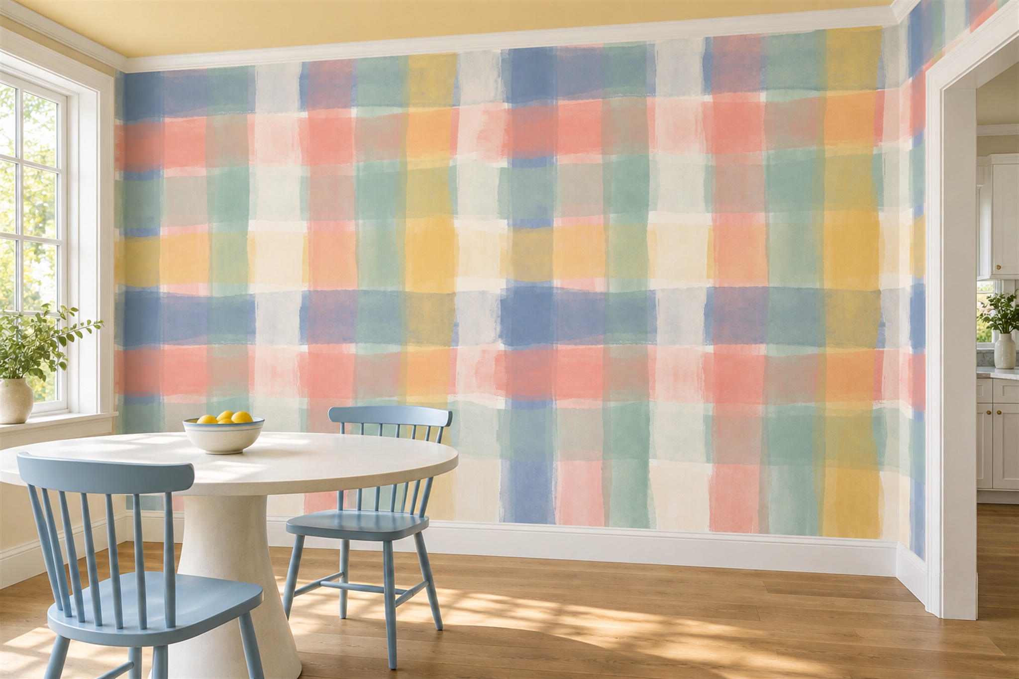 Pastel Pattern Decorative Abstract Wallpaper Mural Dining-room-wallpaper-murals, Shown In A Dining Room, Peel-and-stick Finish