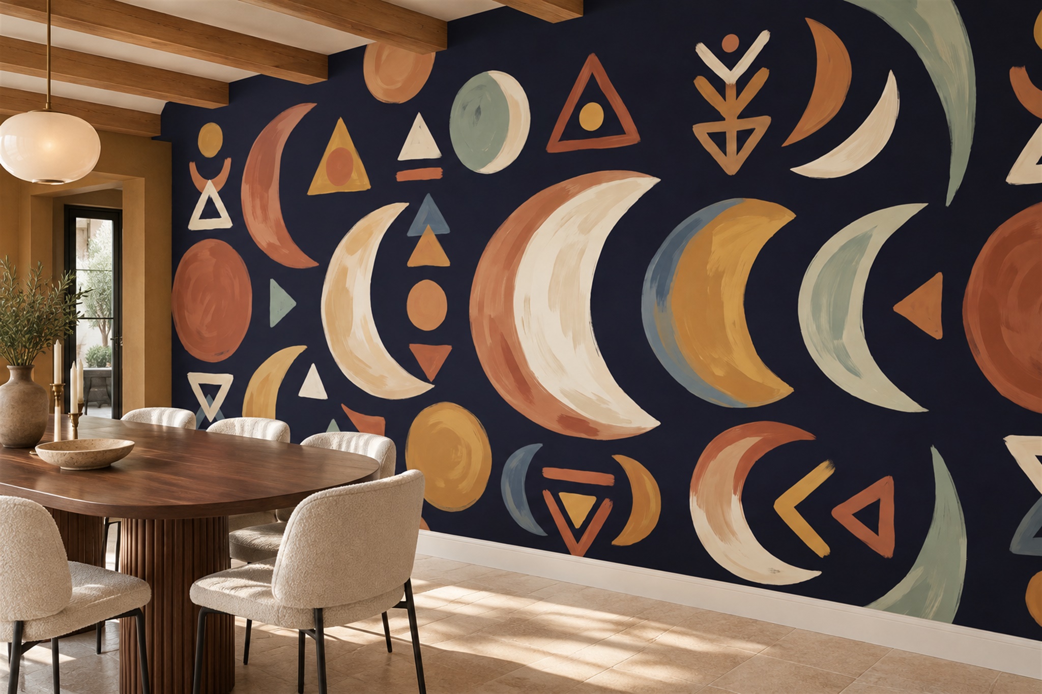 Gold Pattern Decorative Wallpaper Mural Layered Layered Wallpaper Mural Dining-room-wallpaper-murals, Shown In A Dining Room, Peel-and-stick Finish