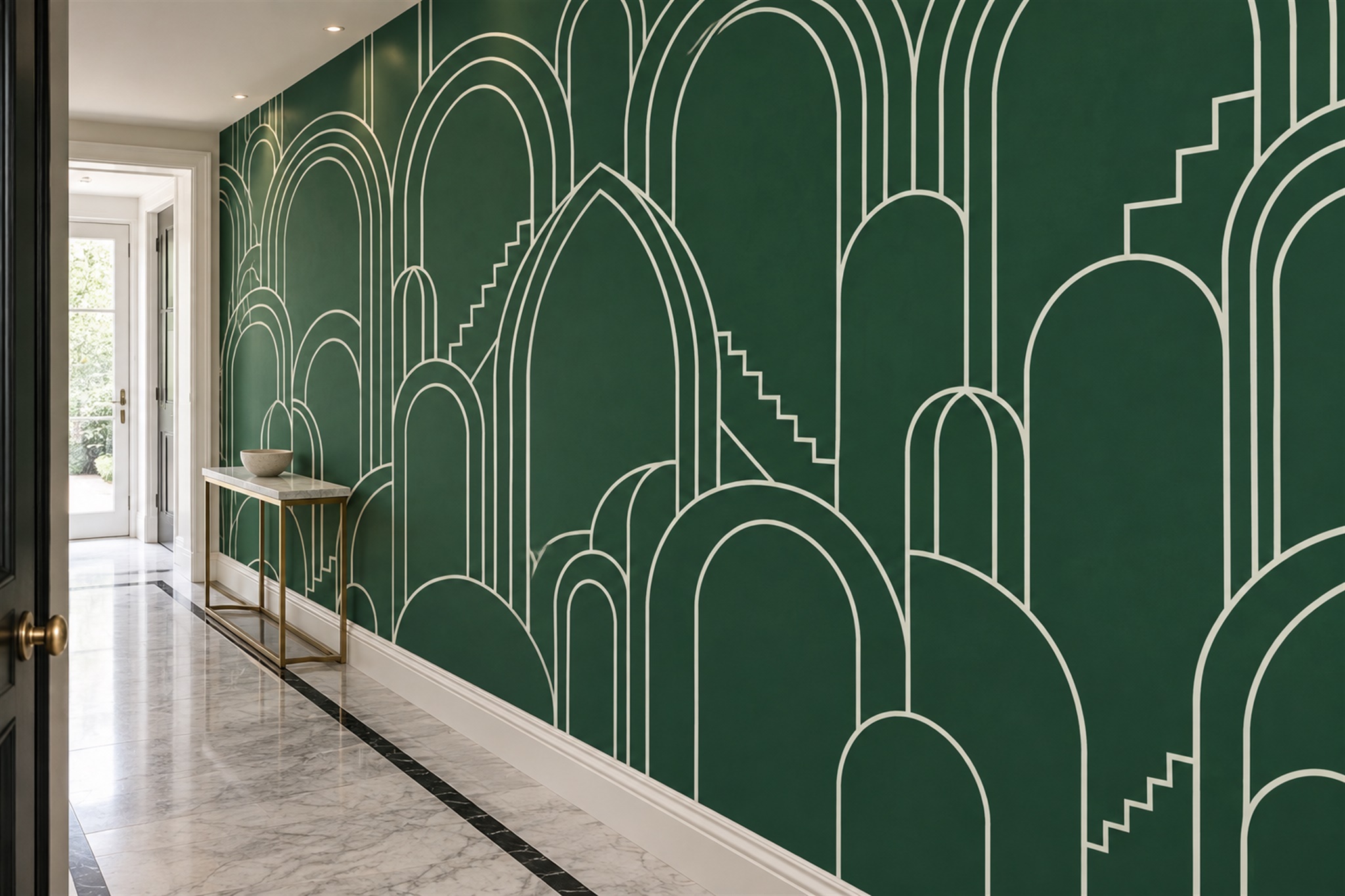 Green Arched Abstract Wallpaper Mural Hallway-wallpaper-murals, Peel-and-stick Finish