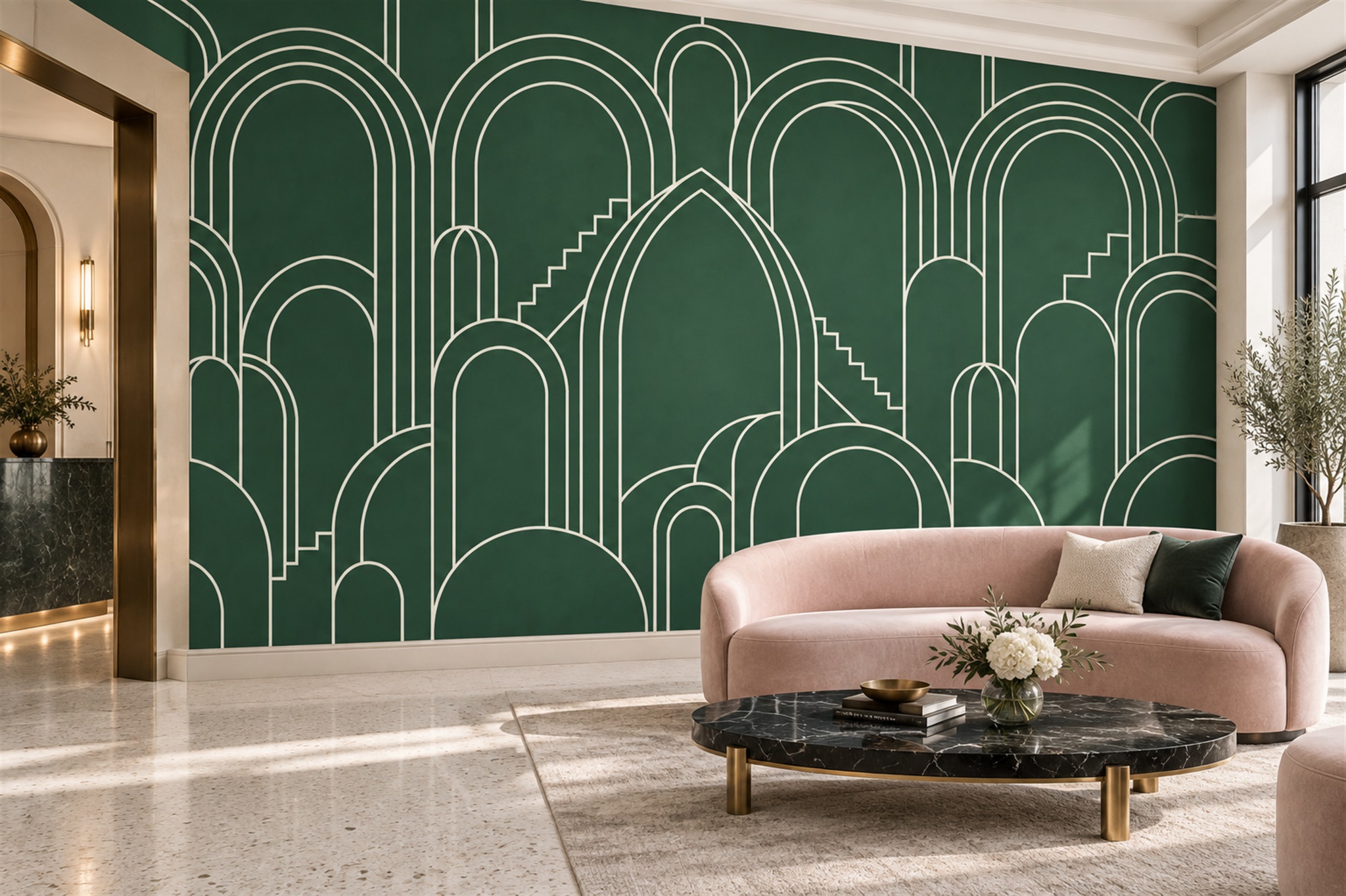 Green Deco Arch Line Wallpaper Mural — Wallpaper Mural Design, Peel-and-stick Finish
