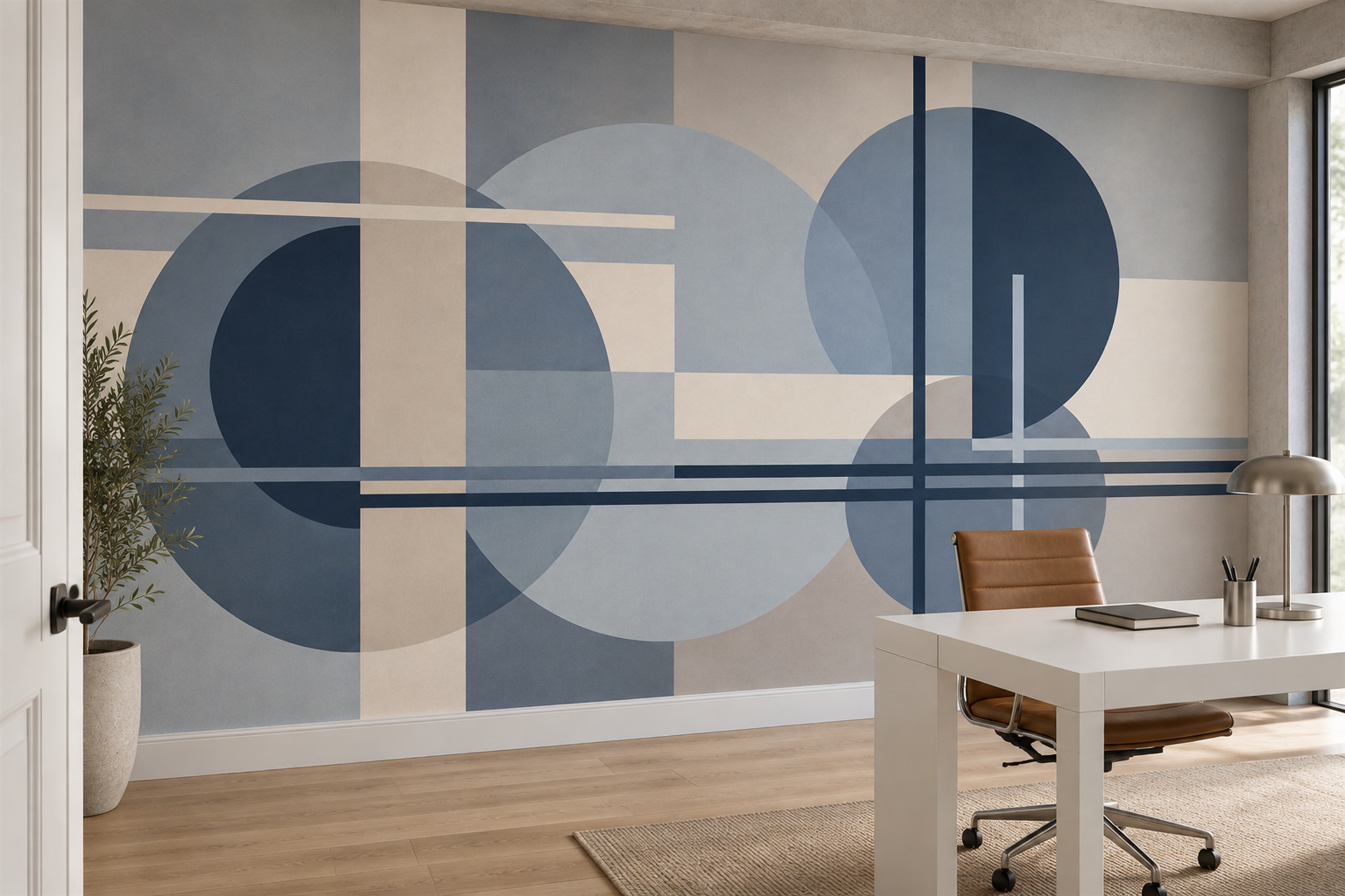 Blue Circular Abstract Wallpaper Mural Home-office-wallpaper-murals, Shown In A Home Office, Peel-and-stick Finish