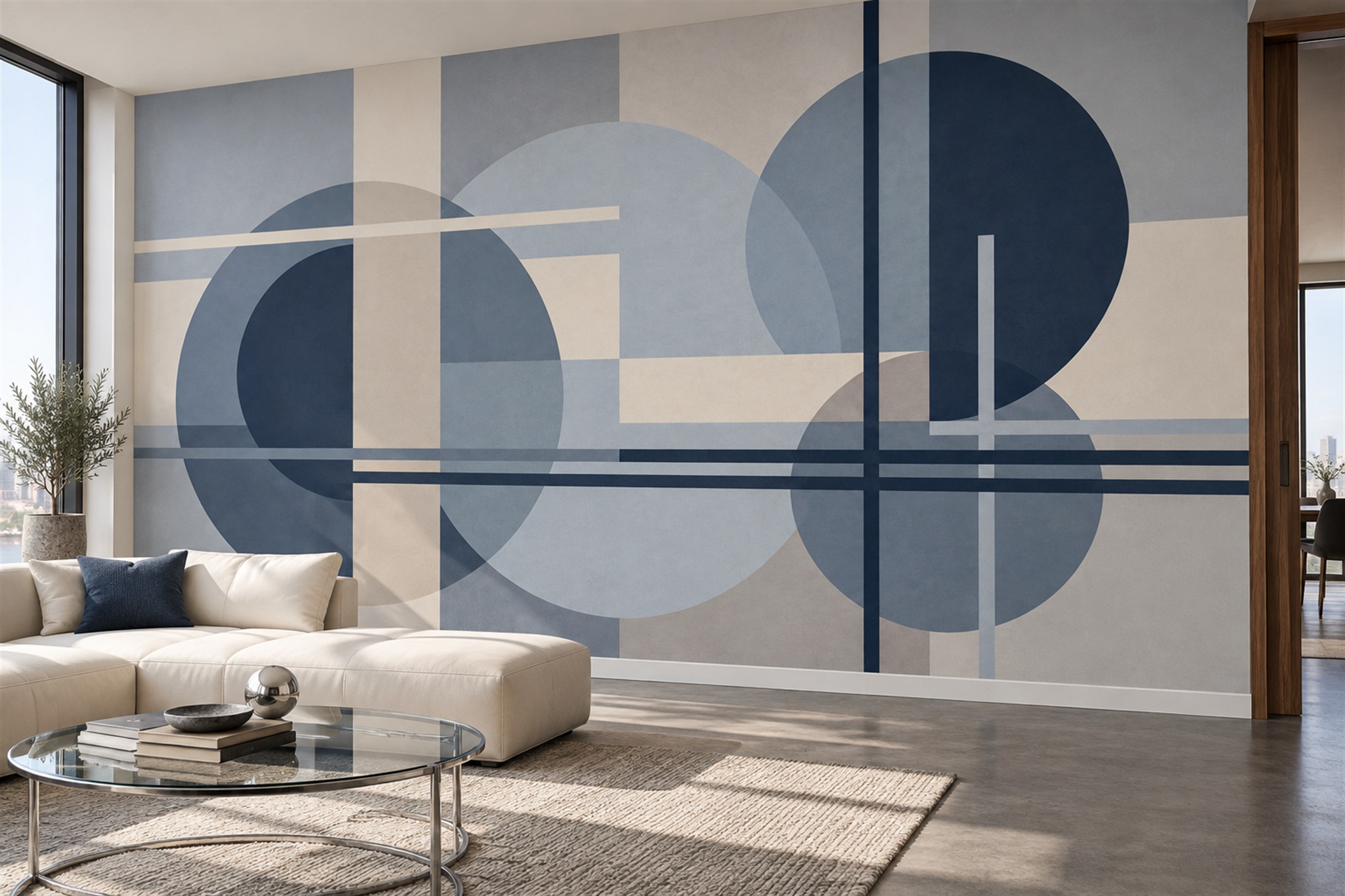 Blue Circular Abstract Wallpaper Mural Accent-wall-wallpaper-murals, Peel-and-stick Finish