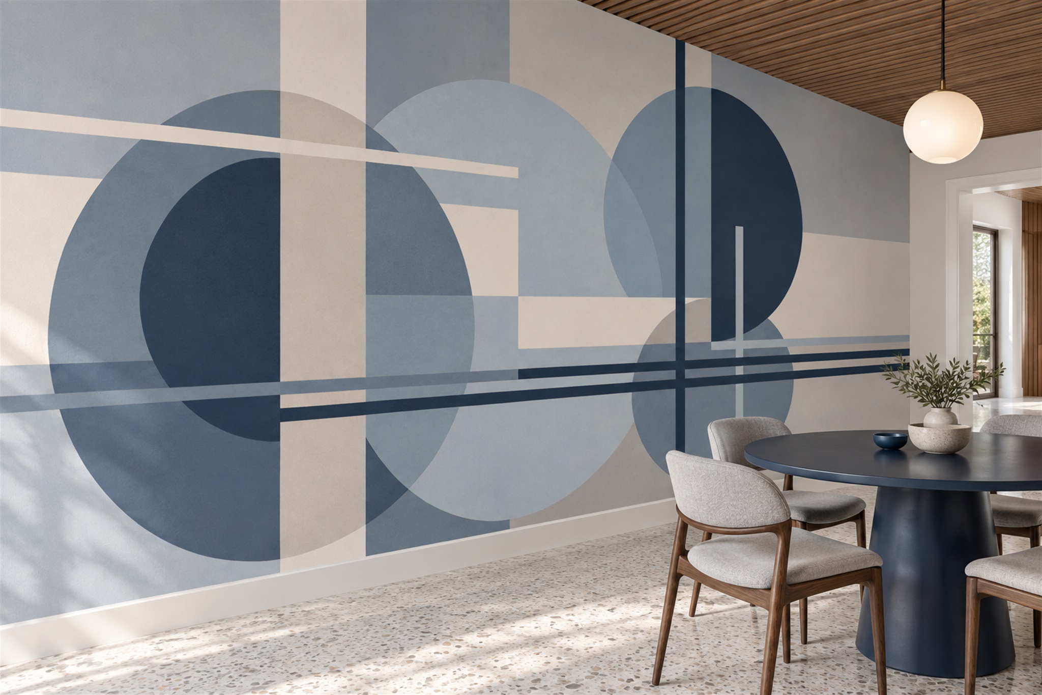 Blue Circular Abstract Wallpaper Mural Accent-wall-wallpaper-murals, Peel-and-stick Finish