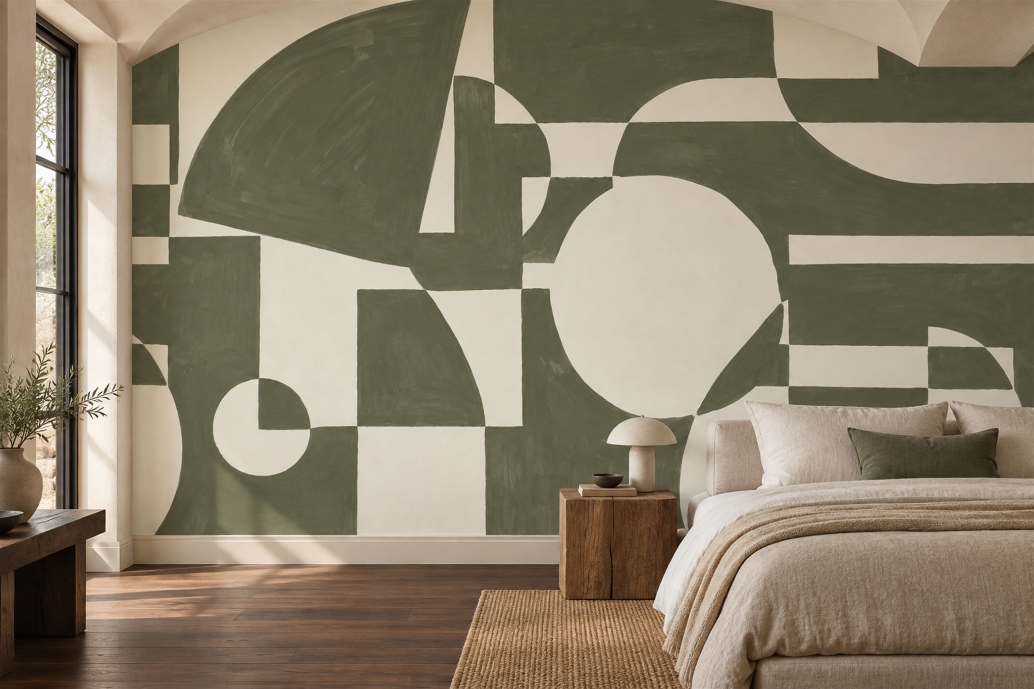 Olive Geometric Abstract Wallpaper Mural Bedroom-wallpaper-murals, Peel-and-stick Finish