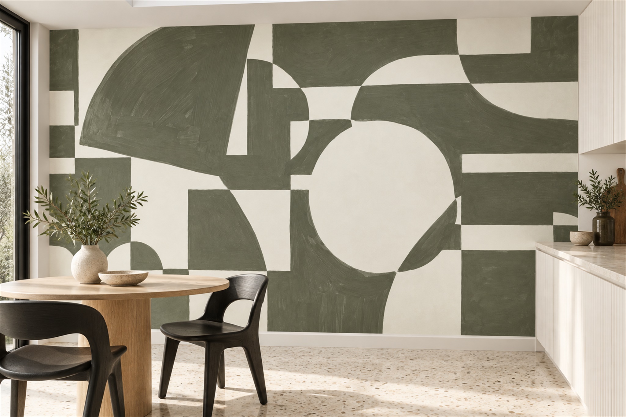 Olive Geometric Abstract Wallpaper Mural Dining-room-wallpaper-murals, Shown In A Dining Room, Peel-and-stick Finish