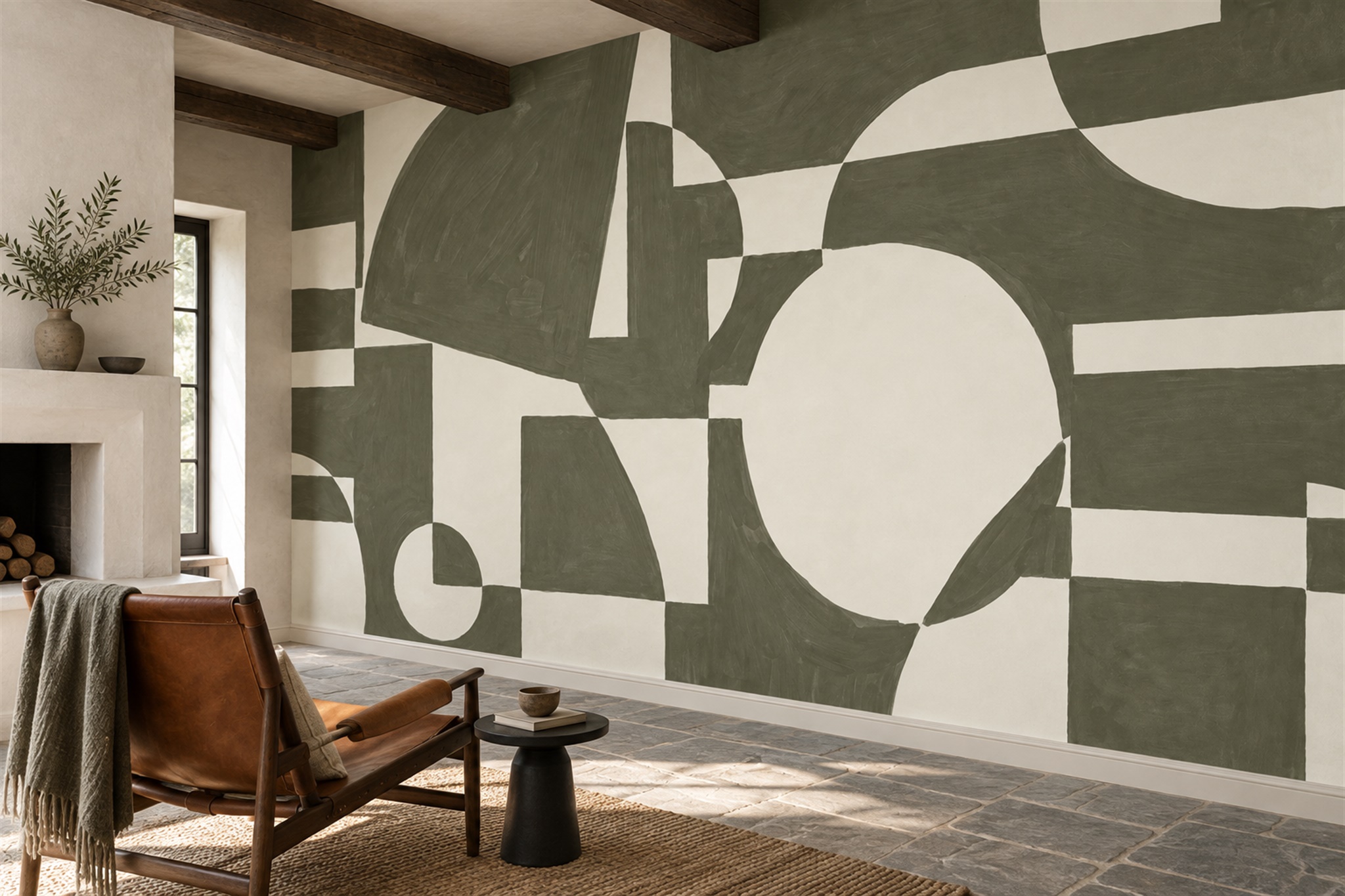Olive Green Midcentury Geometric Wallpaper Mural — Wallpaper Mural Design, Peel-and-stick Finish