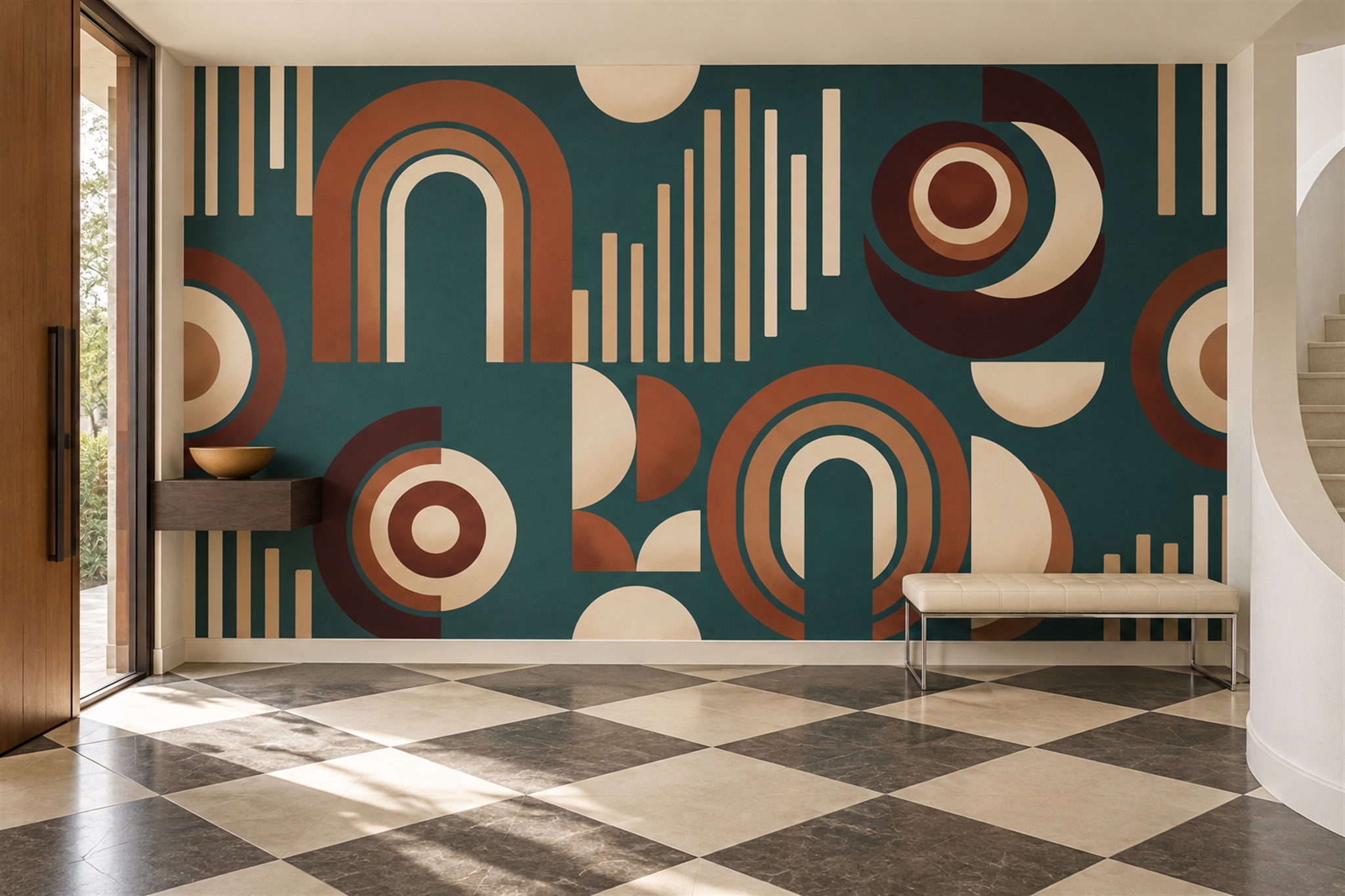 Teal Arched Abstract Wallpaper Mural Entryway-wallpaper-murals, Peel-and-stick Finish