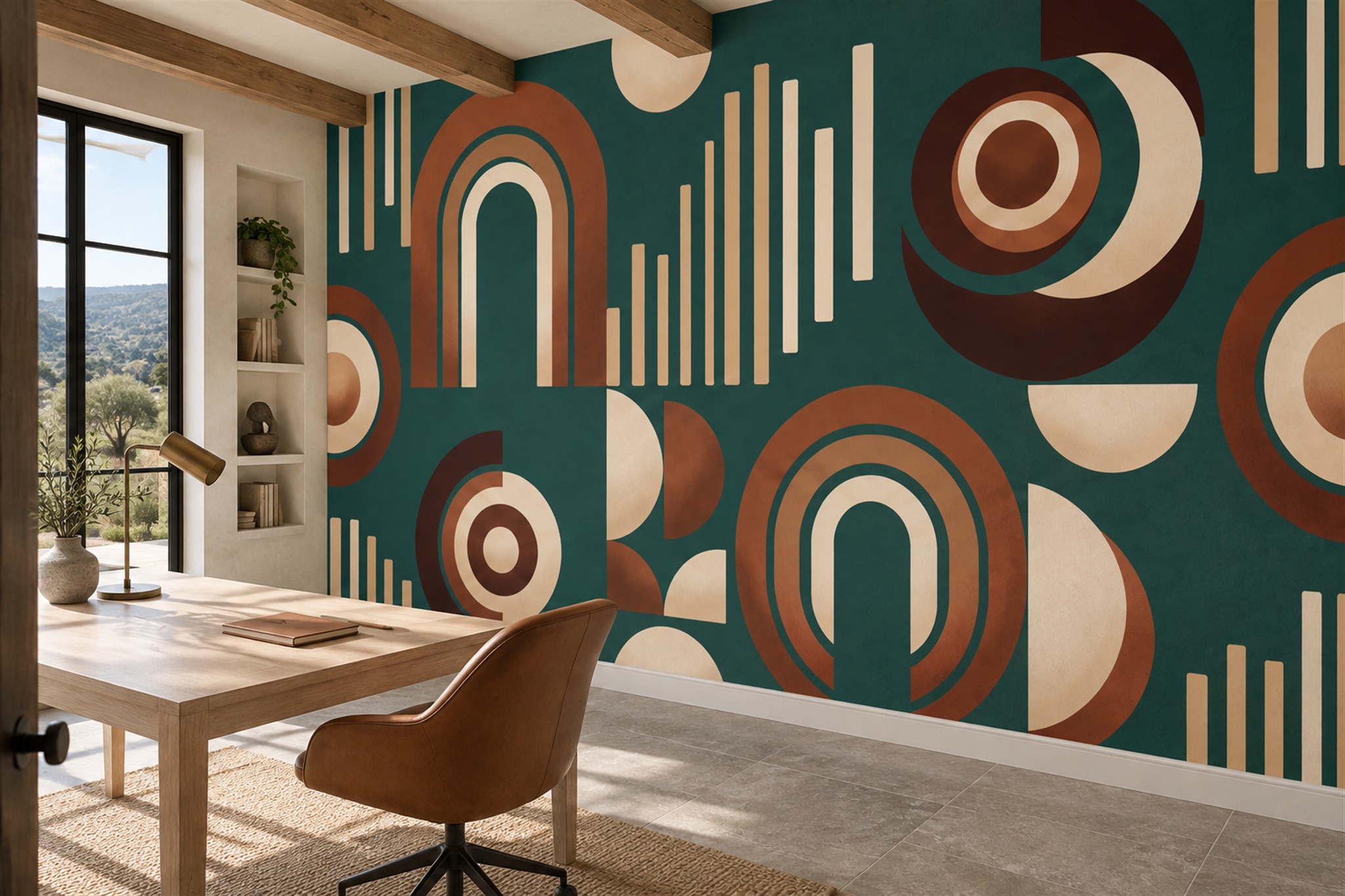 Teal And Terracotta Deco Arch Geometry Wallpaper Mural — Wallpaper Mural Design, Peel-and-stick Finish