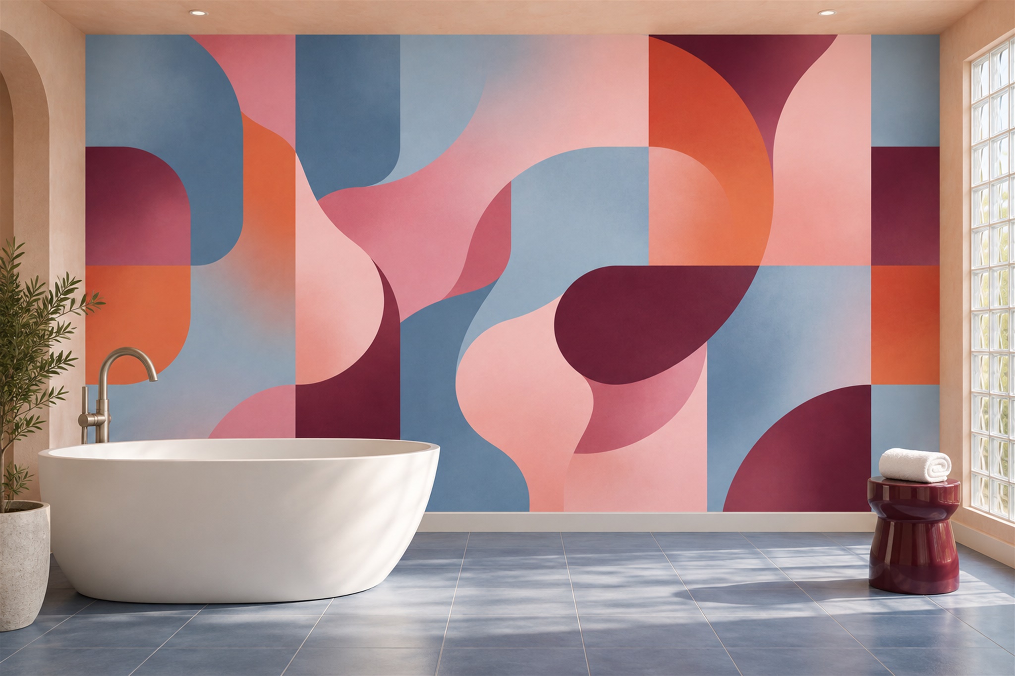 Pink Pattern Decorative Wallpaper Mural Layered Tones Wallpaper Mural Bathroom-wallpaper-murals, Peel-and-stick Finish