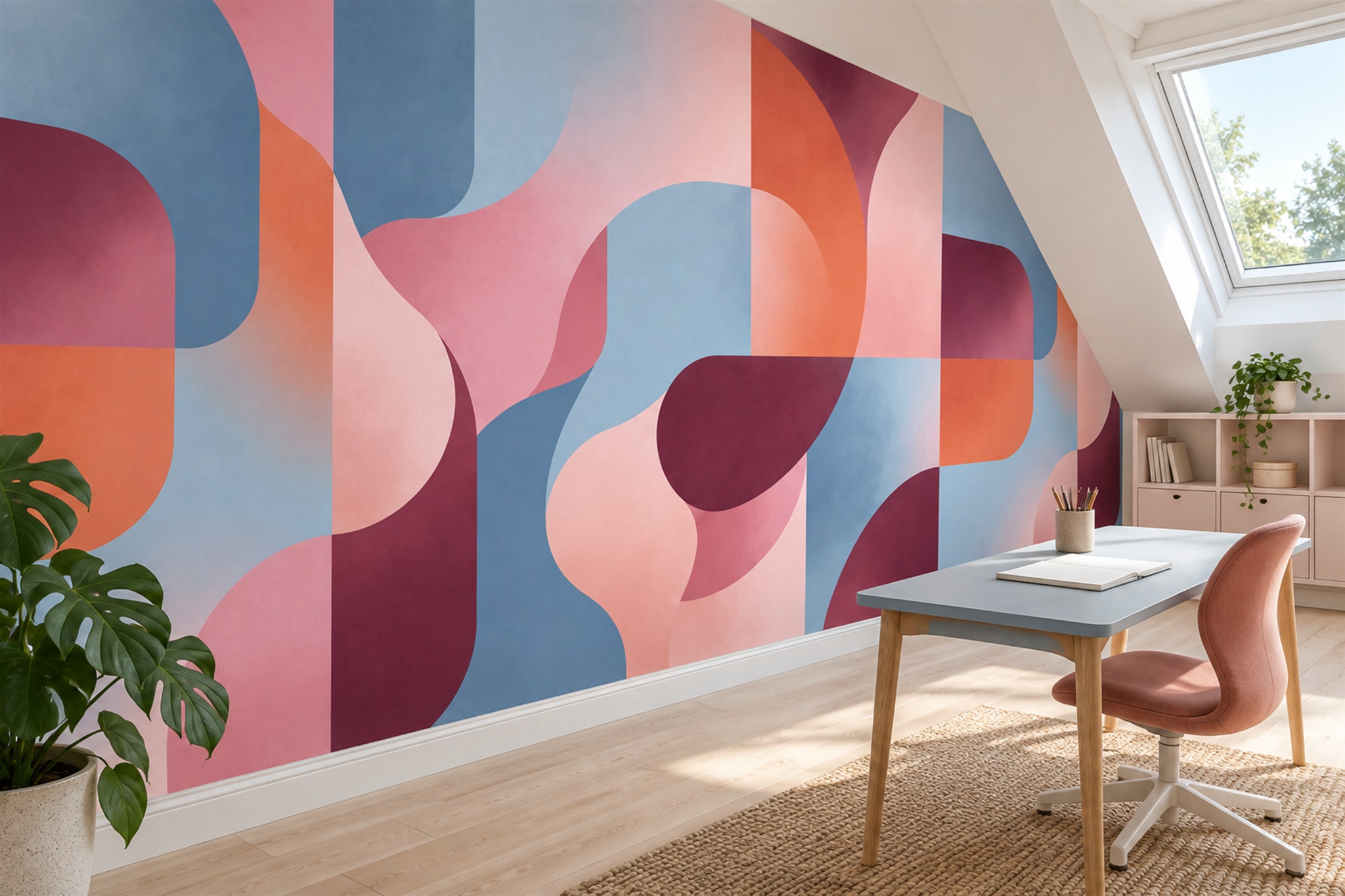 Blush Blue And Coral Modernist Geometric Wallpaper Mural — Wallpaper Mural Design, Peel-and-stick Finish
