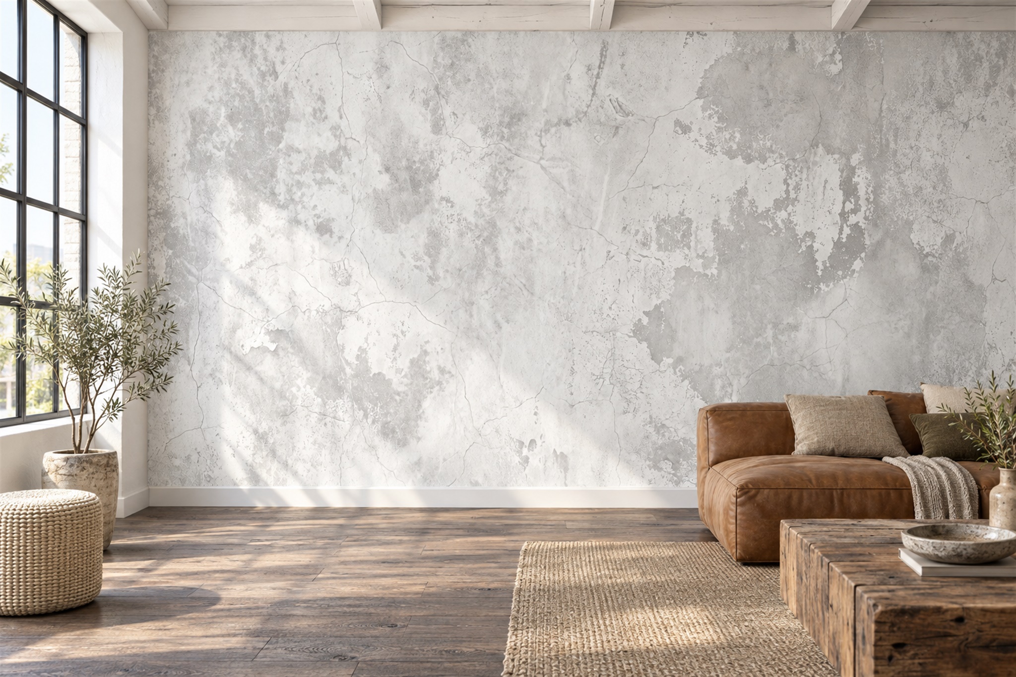 White Plaster Decorative Layered Wallpaper Mural Accent-wall-wallpaper-murals, Peel-and-stick Finish