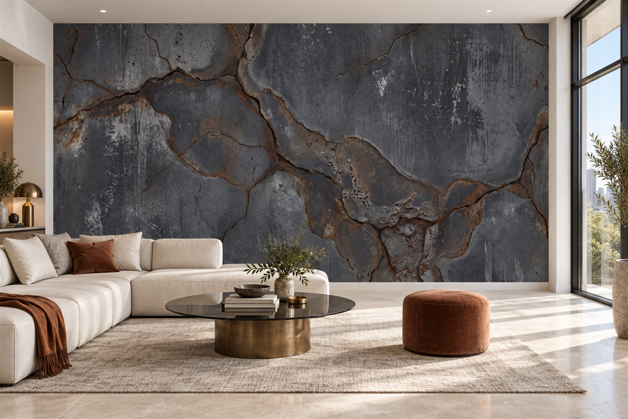 Grey Pattern Decorative Wallpaper Mural Layered Illustrated Wallpaper Living-room-wallpaper-murals, Shown In A Living Room, Peel-and-stick Finish