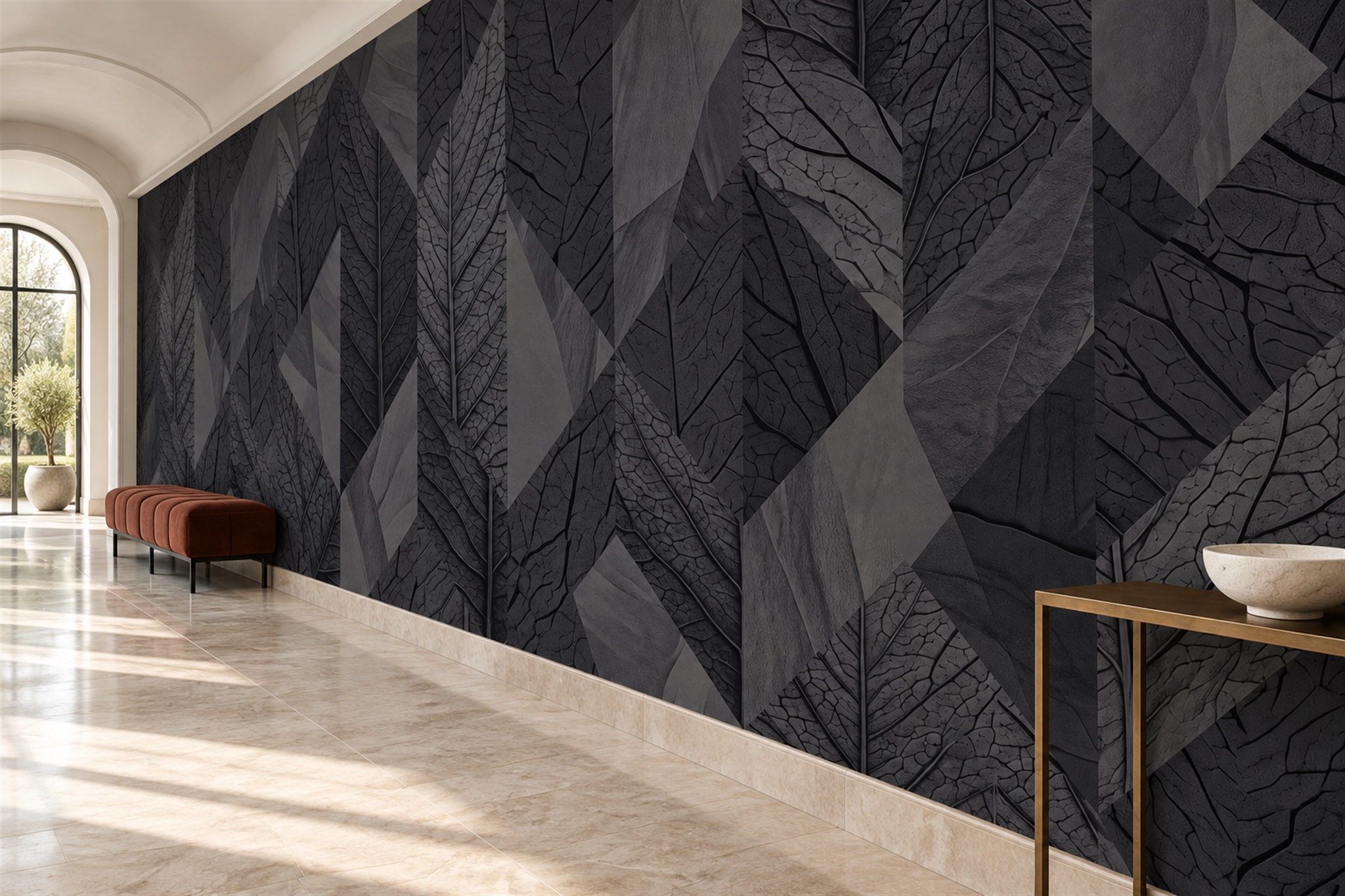 Black Leaf Botanical Wallpaper Mural Hallway-wallpaper-murals, Peel-and-stick Finish