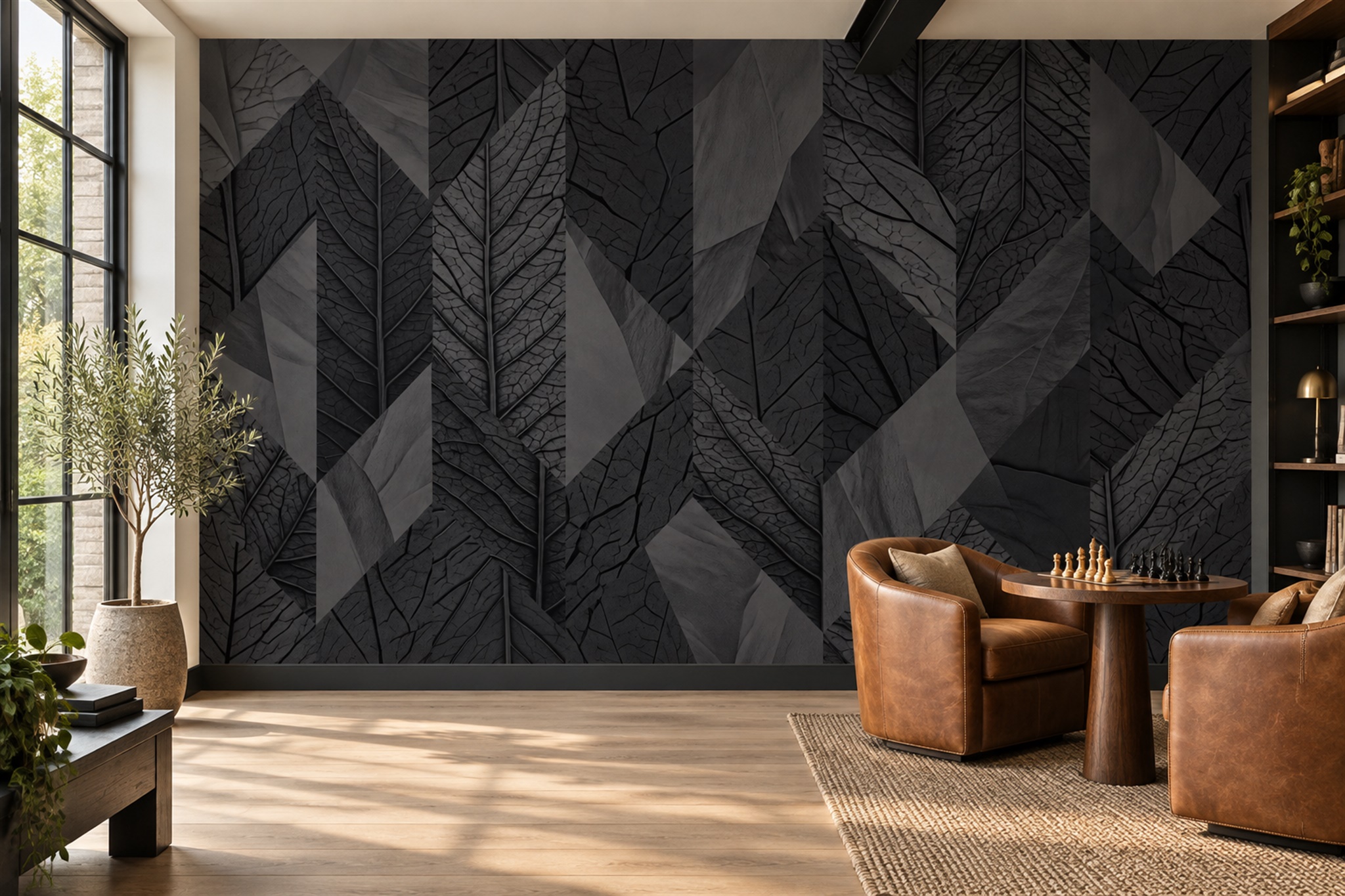 Black Leaf Botanical Wallpaper Mural Hallway-wallpaper-murals, Peel-and-stick Finish