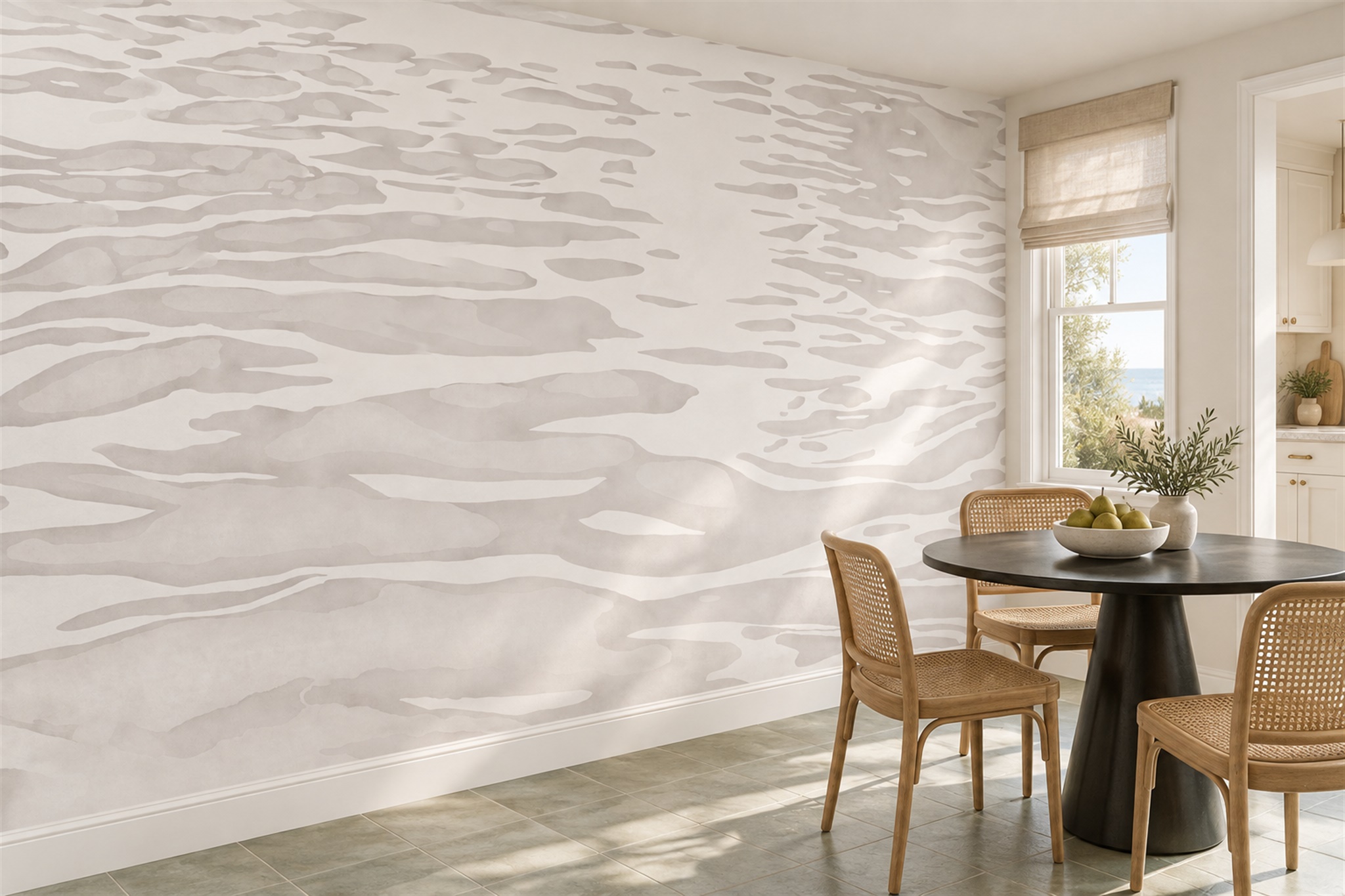 Beige Pattern Decorative Wallpaper Mural Layered Painterly Wallpaper Dining-room-wallpaper-murals, Shown In A Dining Room, Peel-and-stick Finish