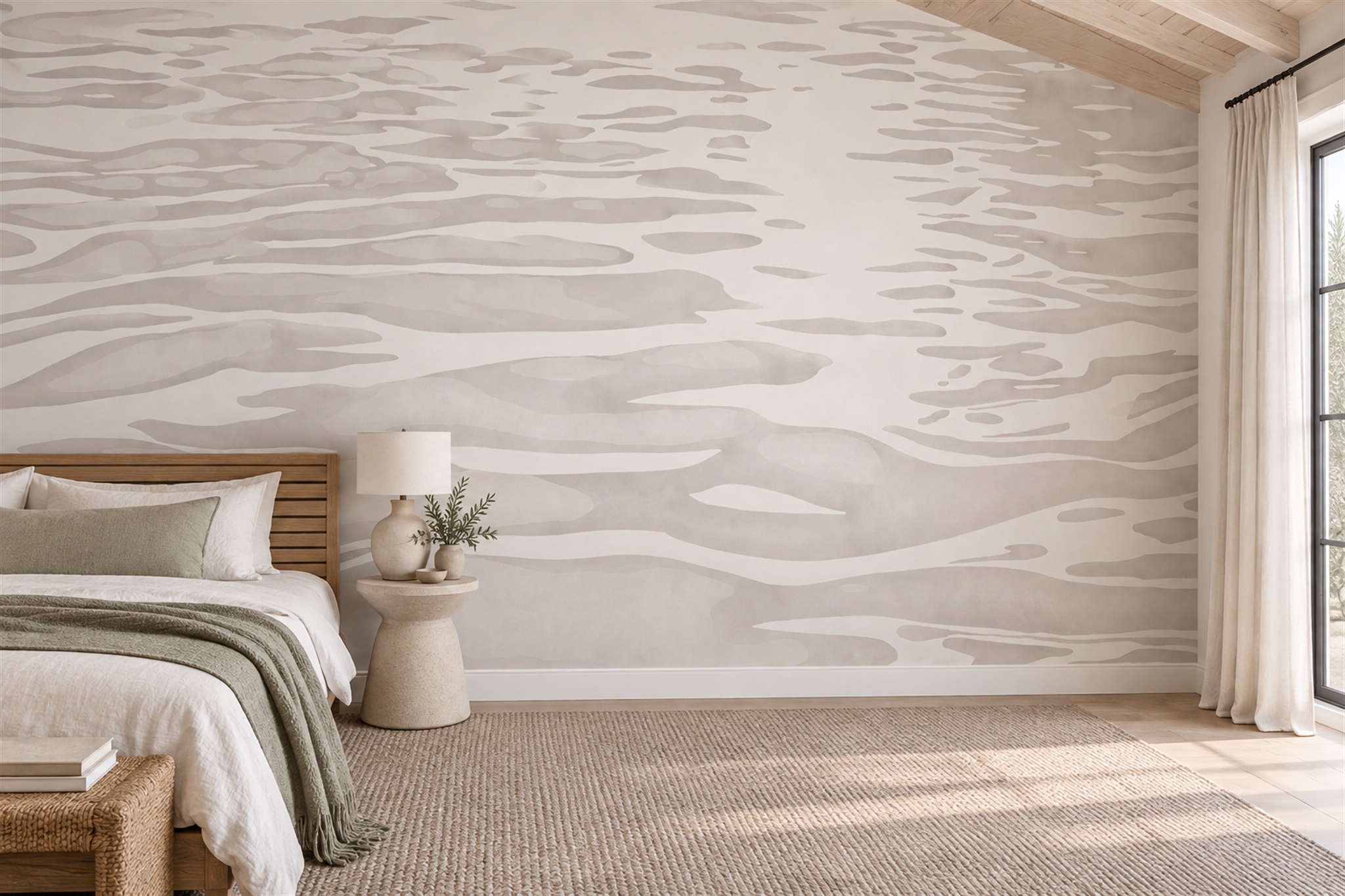 Soft Beige Water Ripple Wallpaper Mural — Installed Wallpaper Mural In A Bedroom, Peel-and-stick Finish